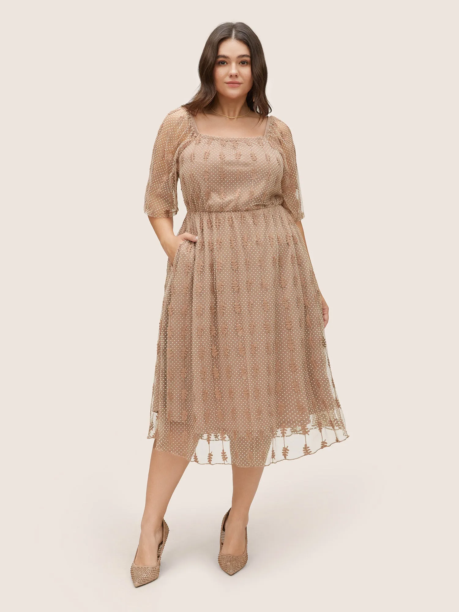 Square Neck Texture Embroidered Mesh Dress sold by Bloomchic
