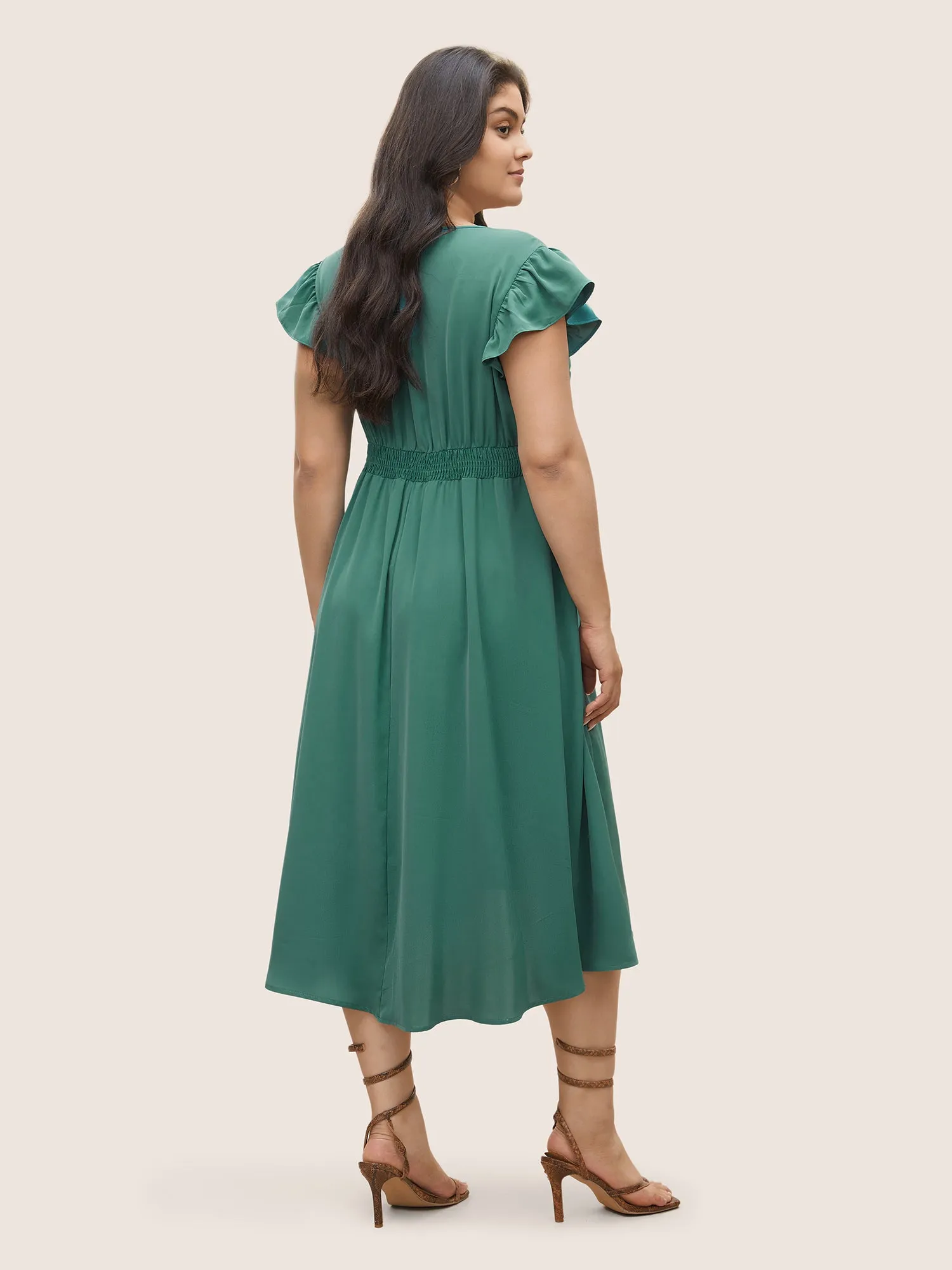 Anti-Wrinkle Solid Ruched Flutter Trim Pleated Dress sold by Bloomchic product image thumbnail 3