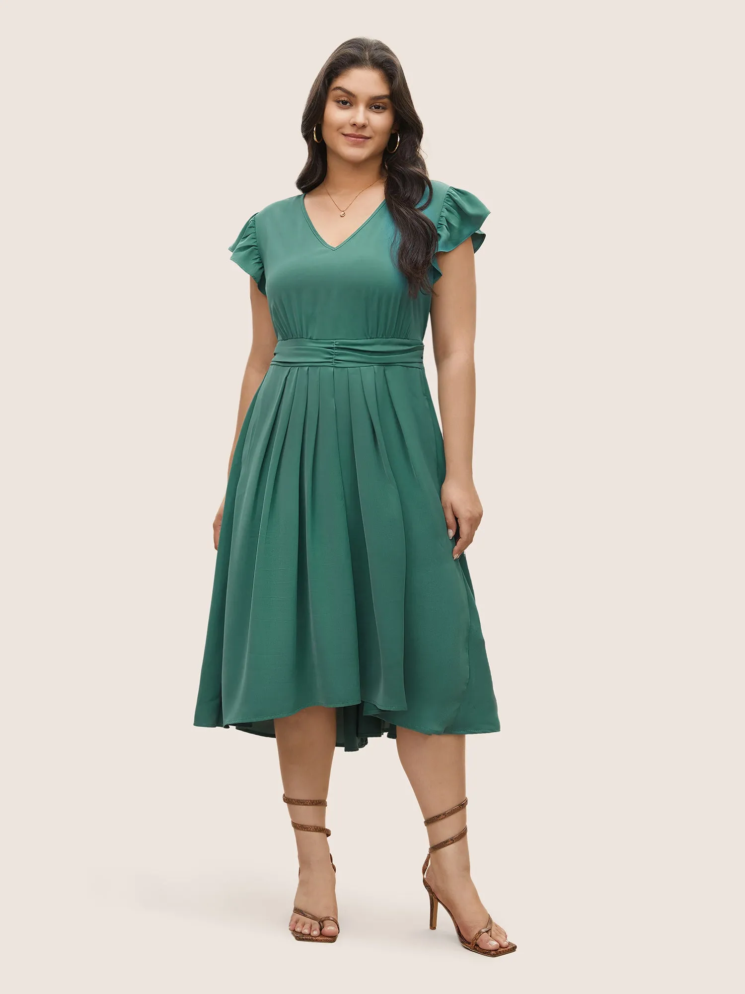 Anti-Wrinkle Solid Ruched Flutter Trim Pleated Dress sold by Bloomchic product image thumbnail 2