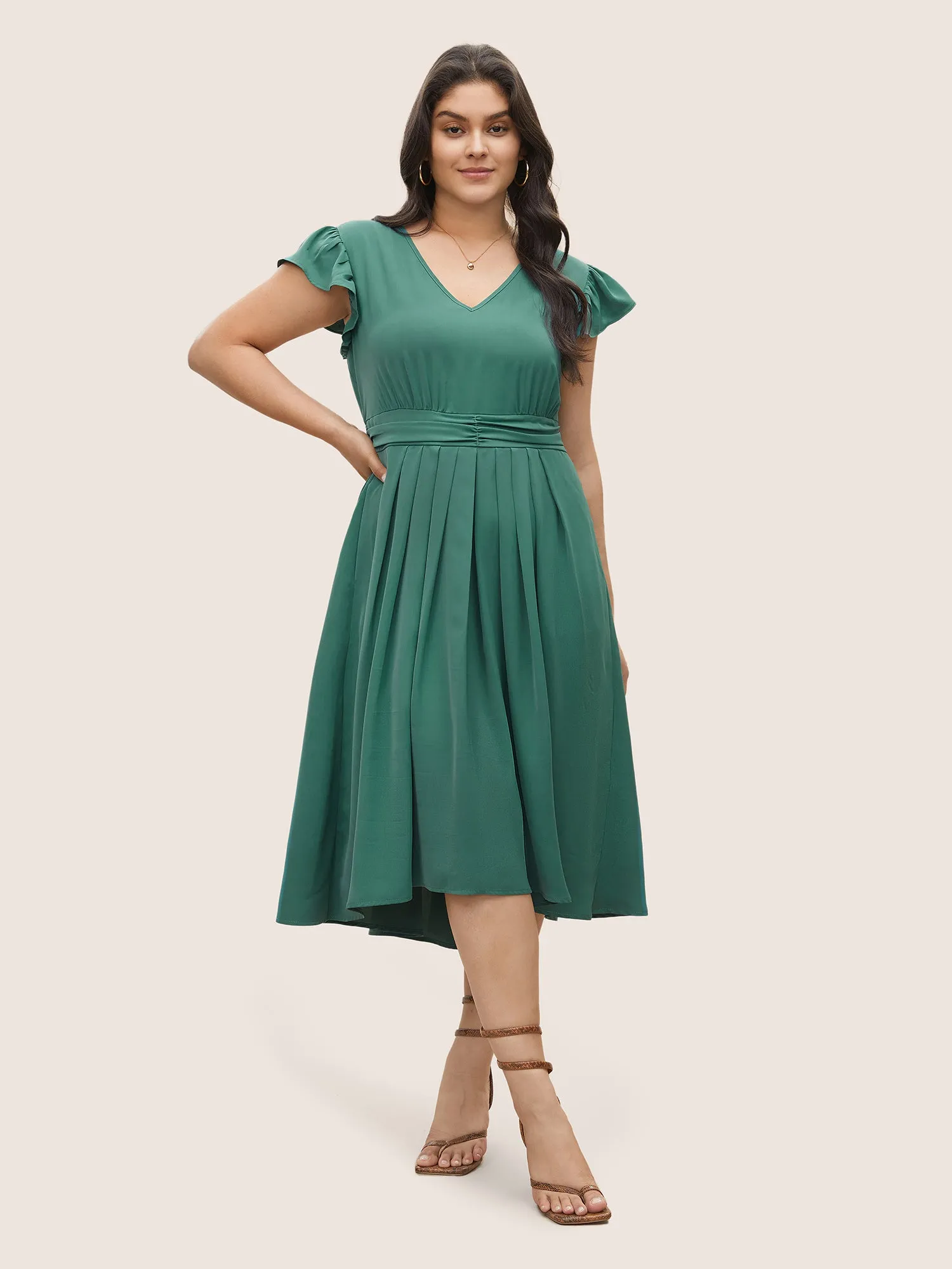Anti-Wrinkle Solid Ruched Flutter Trim Pleated Dress sold by Bloomchic