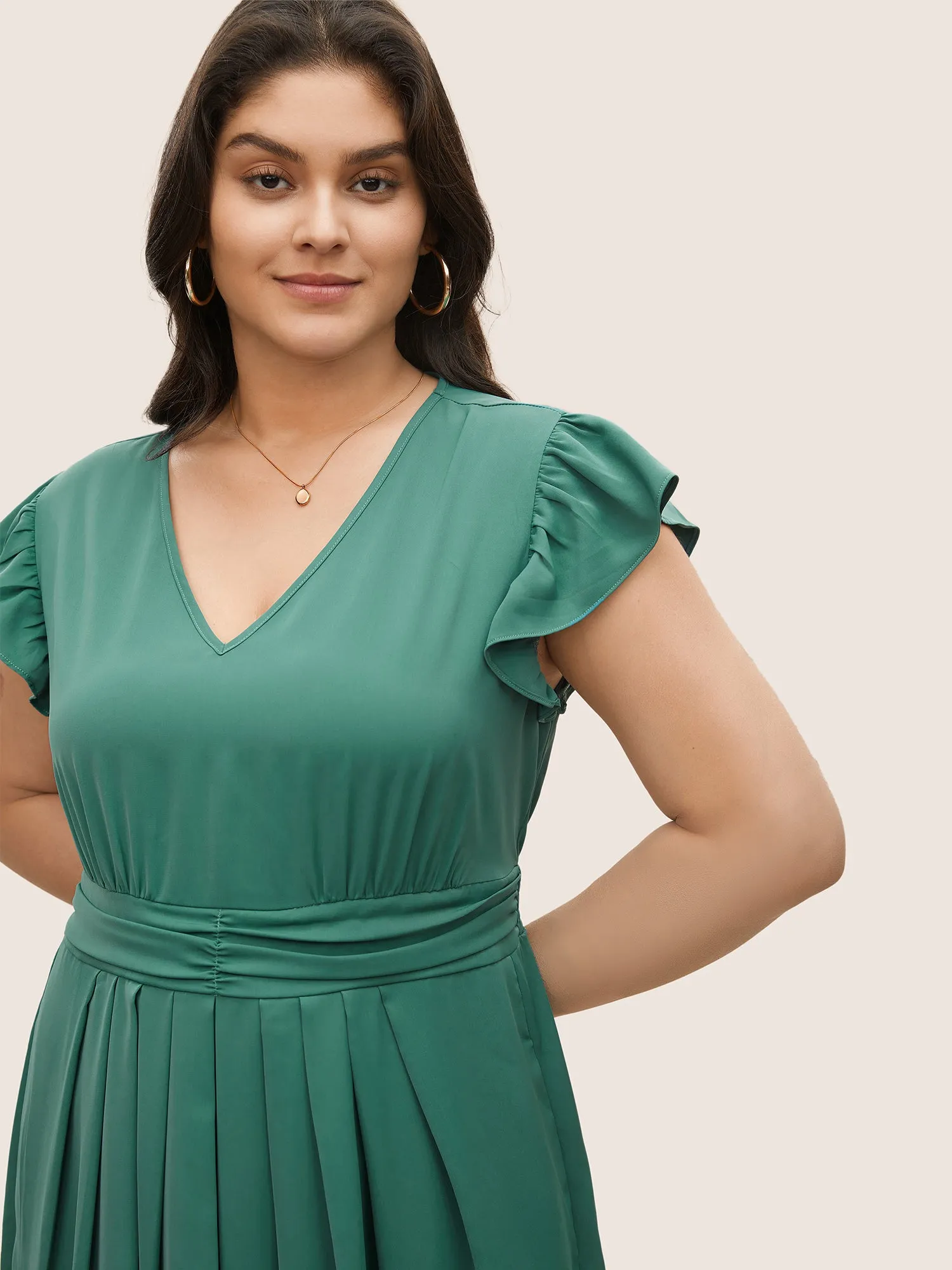 Anti-Wrinkle Solid Ruched Flutter Trim Pleated Dress sold by Bloomchic product image thumbnail 4