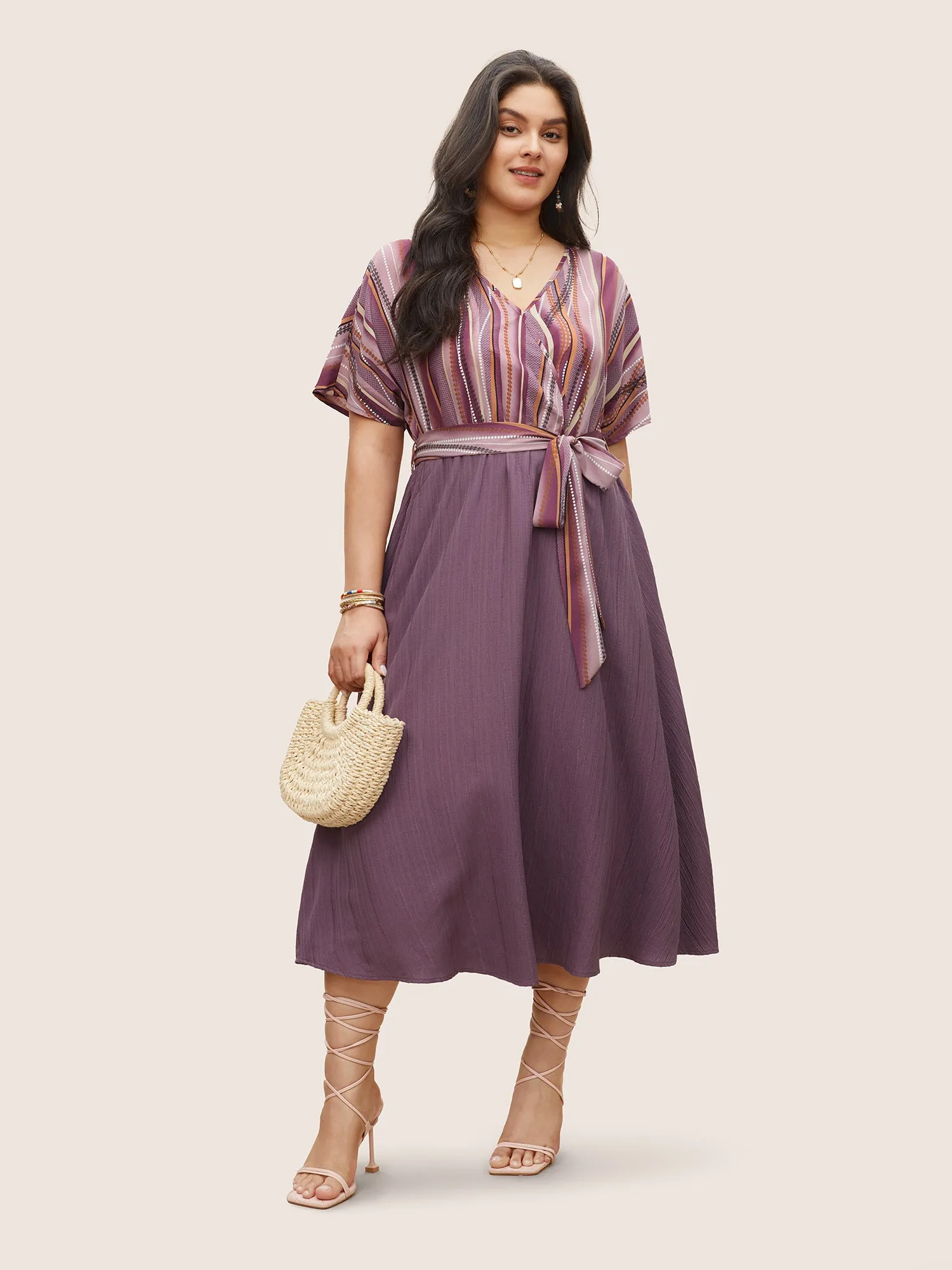 Striped Patchwork Overlap Collar Ties Dress sold by Bloomchic
