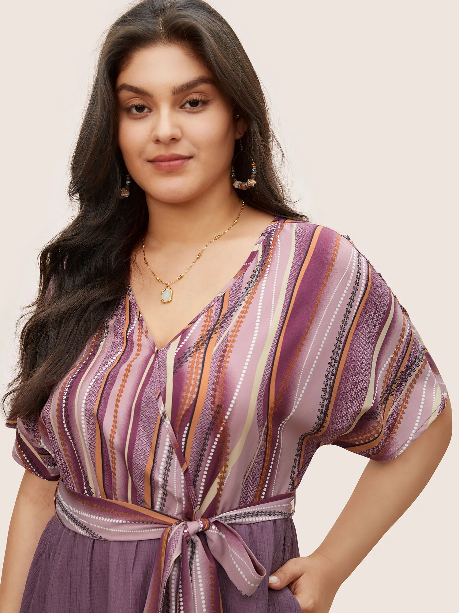 Striped Patchwork Overlap Collar Ties Dress sold by Bloomchic product image thumbnail 4