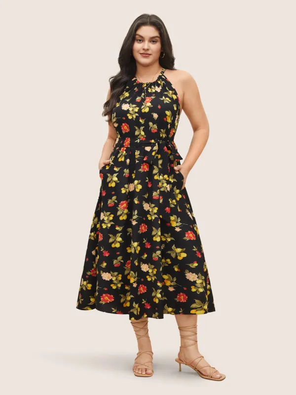 Citrus Lemon & Floral Print Belted Halter Dress sold by Bloomchic