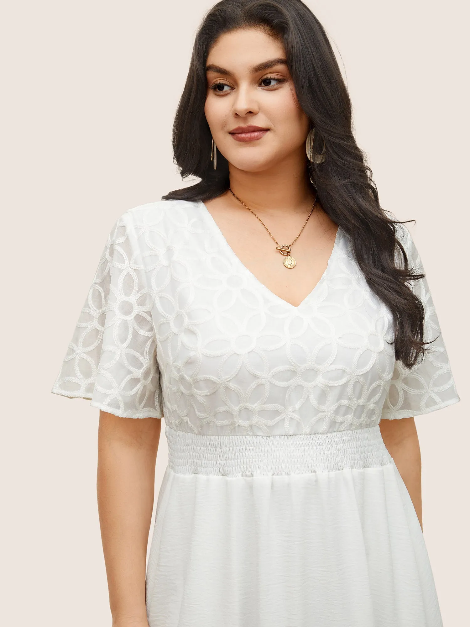 Graphic Plisse Shirred Patchwork Flutter Sleeve Dress sold by Bloomchic product image thumbnail 4