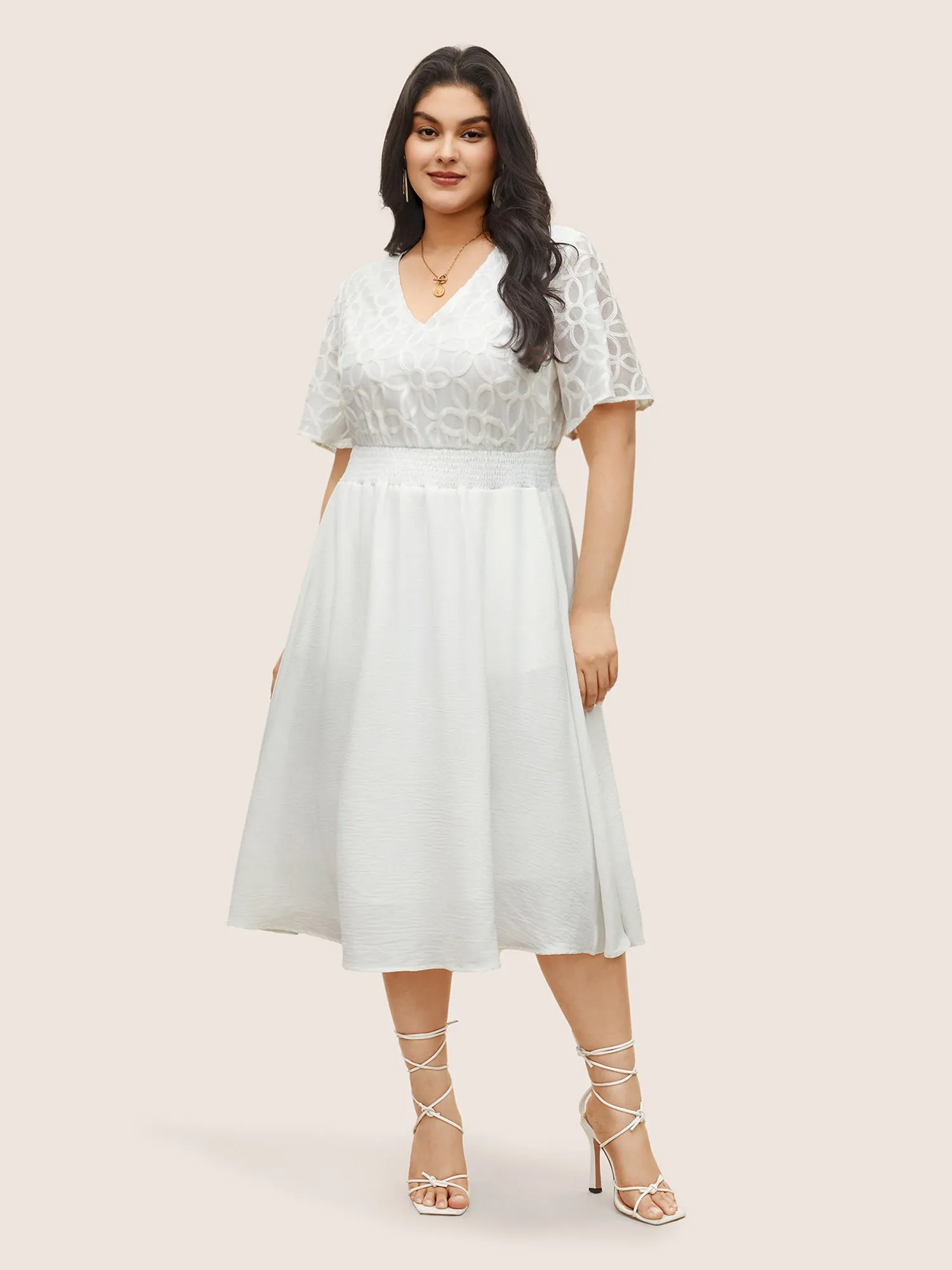 Graphic Plisse Shirred Patchwork Flutter Sleeve Dress sold by Bloomchic product image thumbnail 3