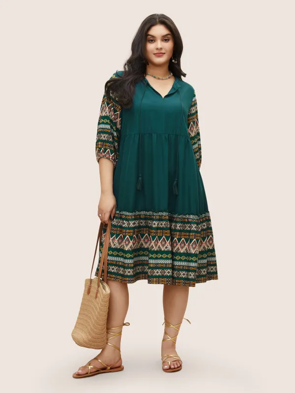 Bandana Patchwork Knot Neck Tassel Trim Dress sold by Bloomchic