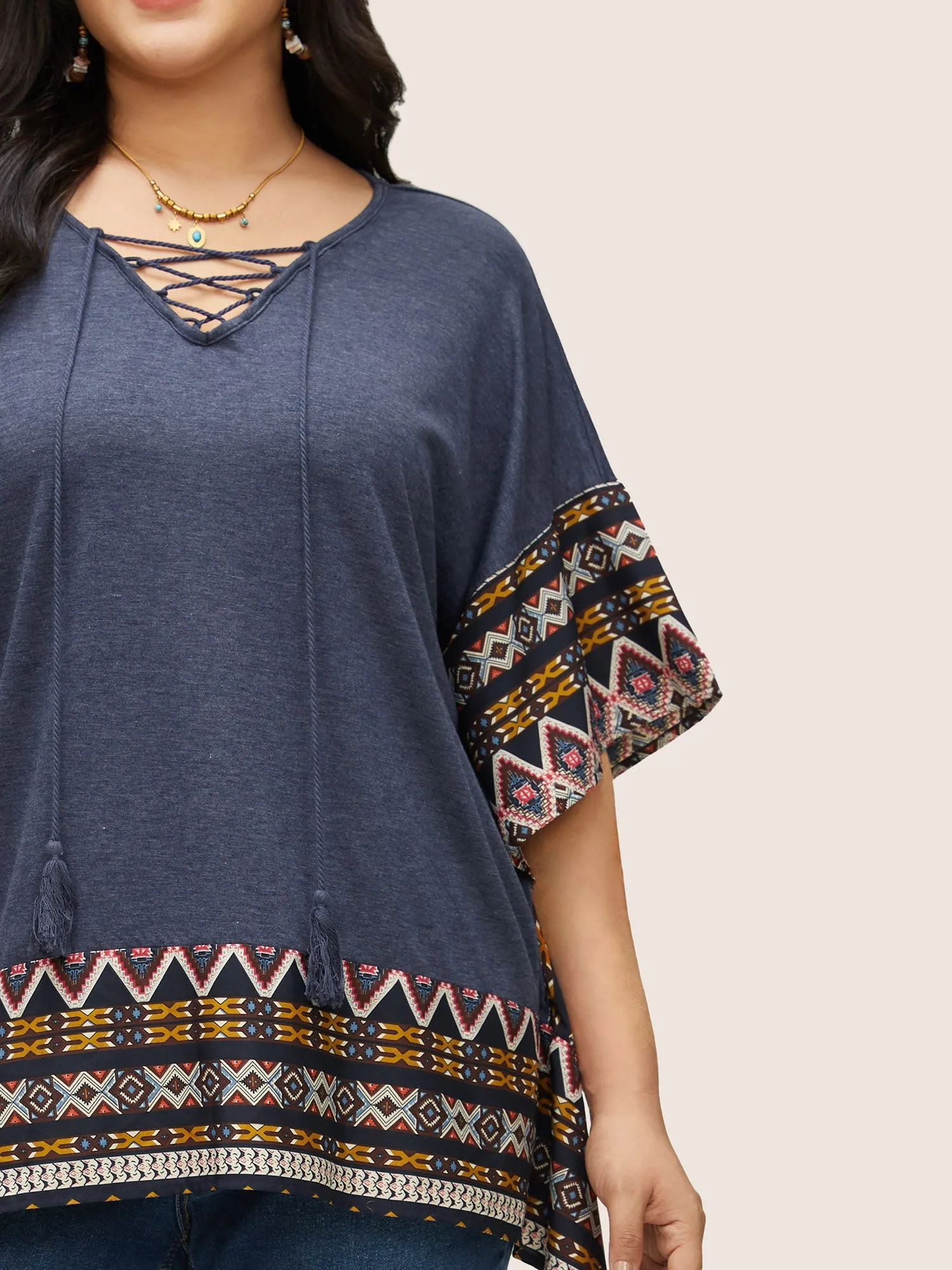 Bandana Batwing Sleeve Tie Neck Tassel Trim T-shirt sold by Bloomchic product image thumbnail 4