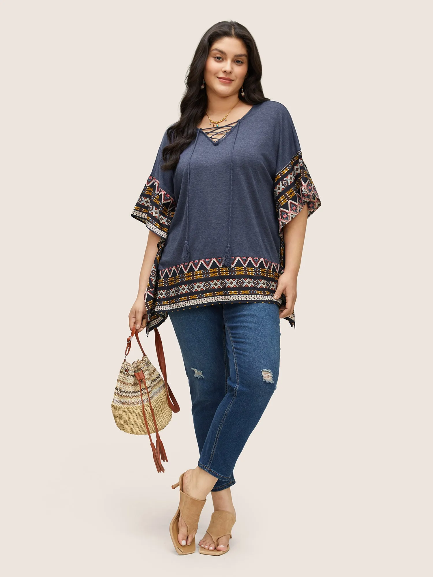 Bandana Batwing Sleeve Tie Neck Tassel Trim T-shirt sold by Bloomchic product image thumbnail 3