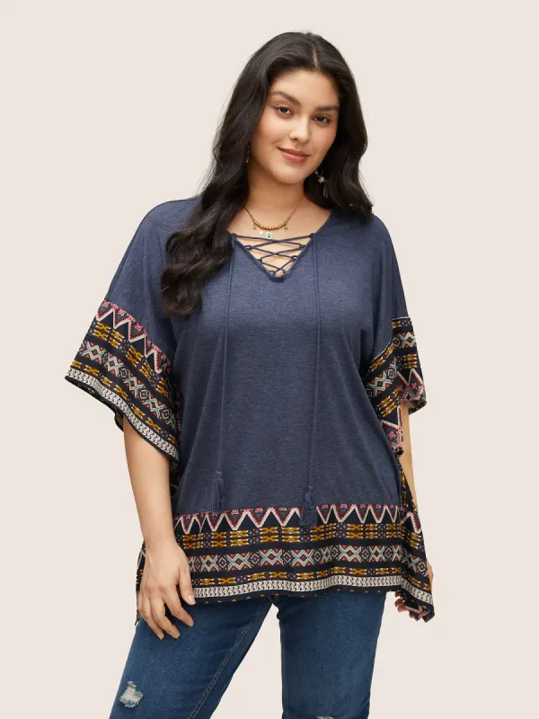 Bandana Batwing Sleeve Tie Neck Tassel Trim T-shirt sold by Bloomchic