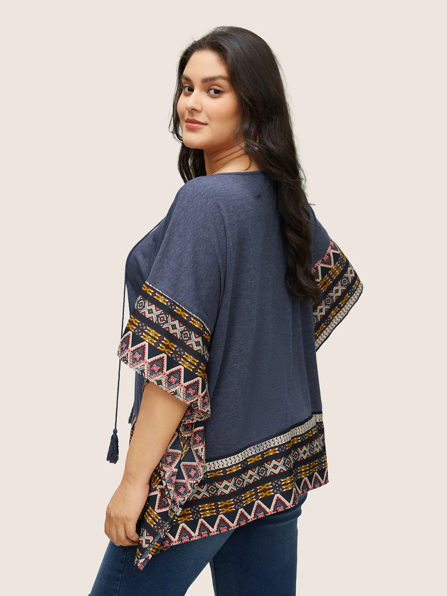 Bandana Batwing Sleeve Tie Neck Tassel Trim T-shirt sold by Bloomchic product image thumbnail 2