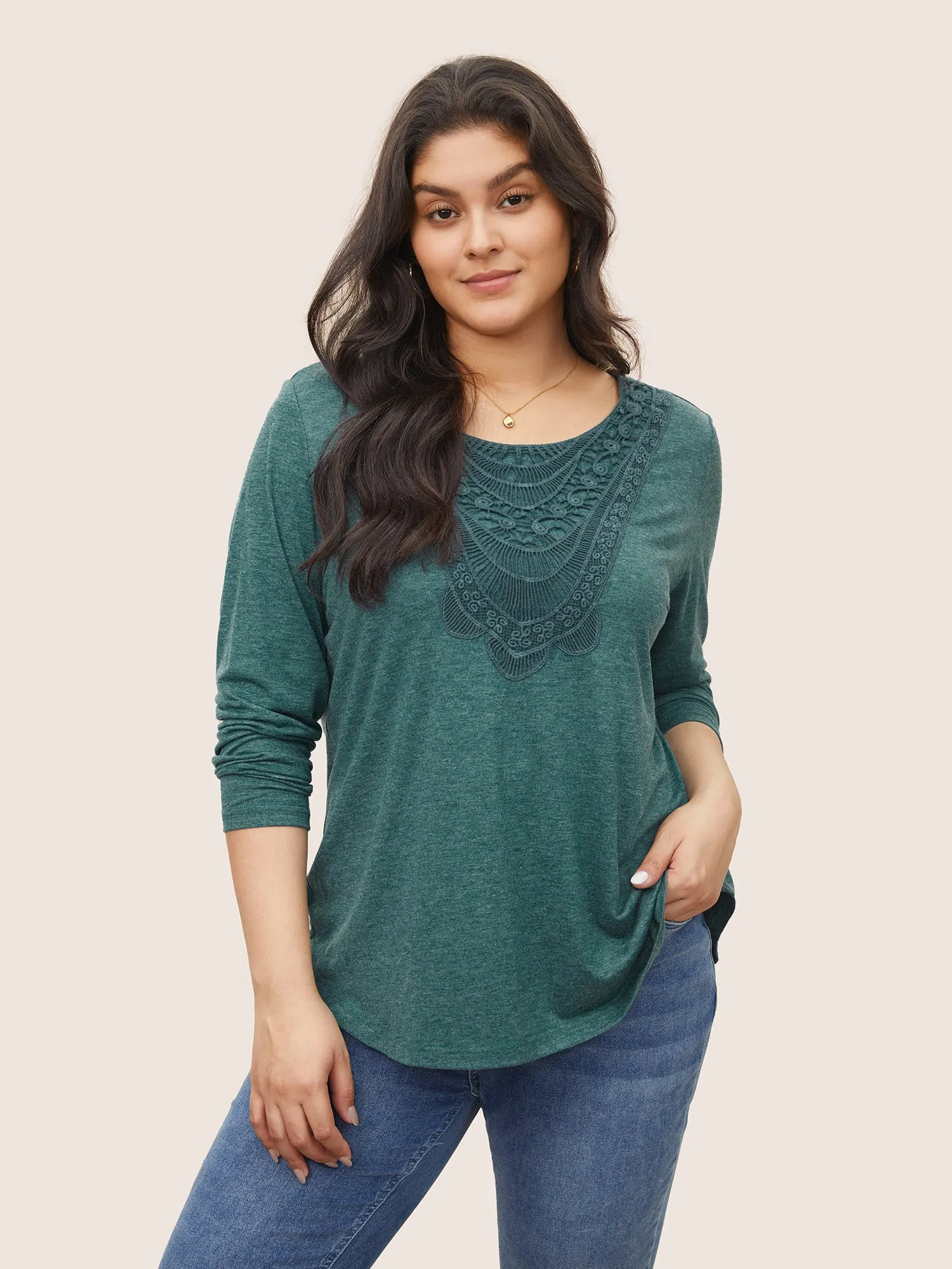 Solid Eyelet Lace Curved Hem T-shirt sold by Bloomchic
