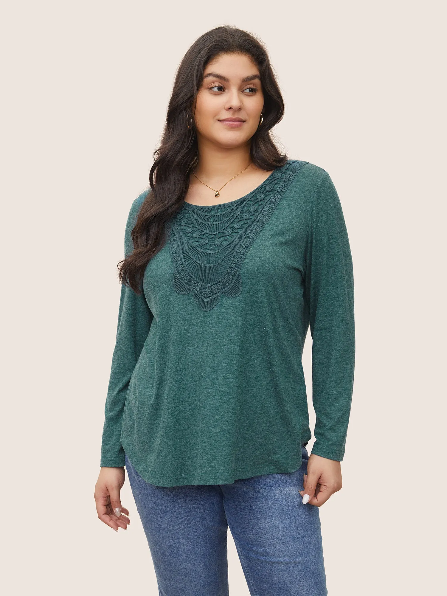 Solid Eyelet Lace Curved Hem T-shirt sold by Bloomchic product image thumbnail 3