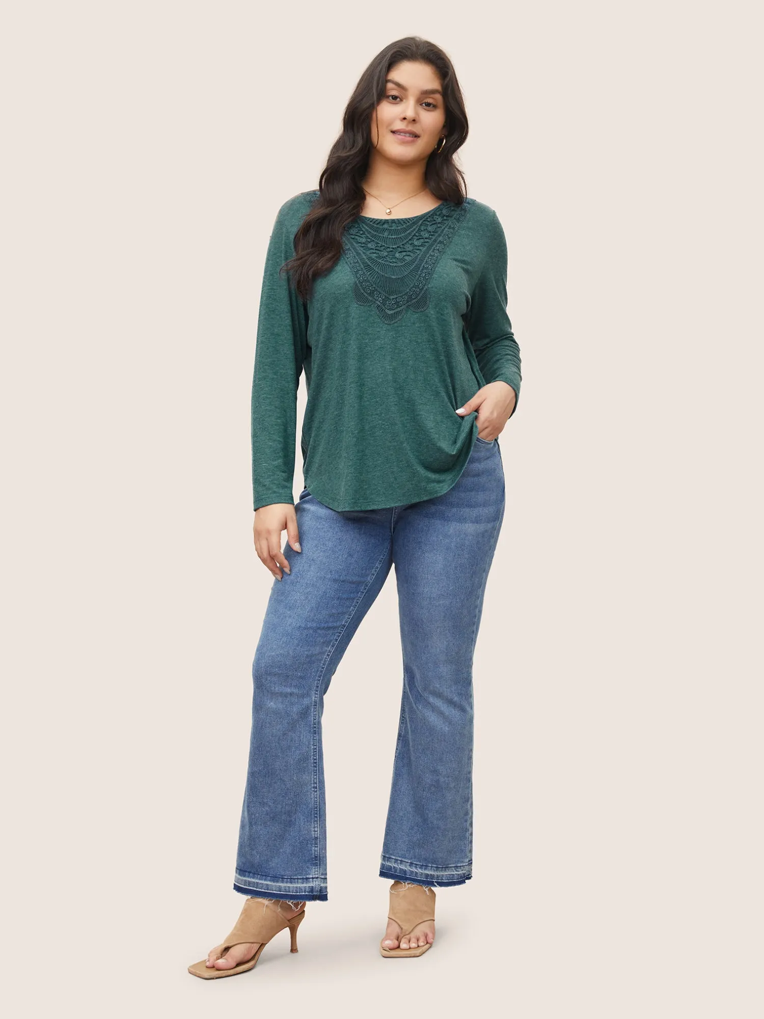 Solid Eyelet Lace Curved Hem T-shirt sold by Bloomchic product image thumbnail 4