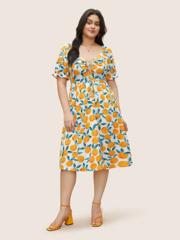 Fruits Print Drawstring Ruched Lantern Sleeve Dress sold by Bloomchic