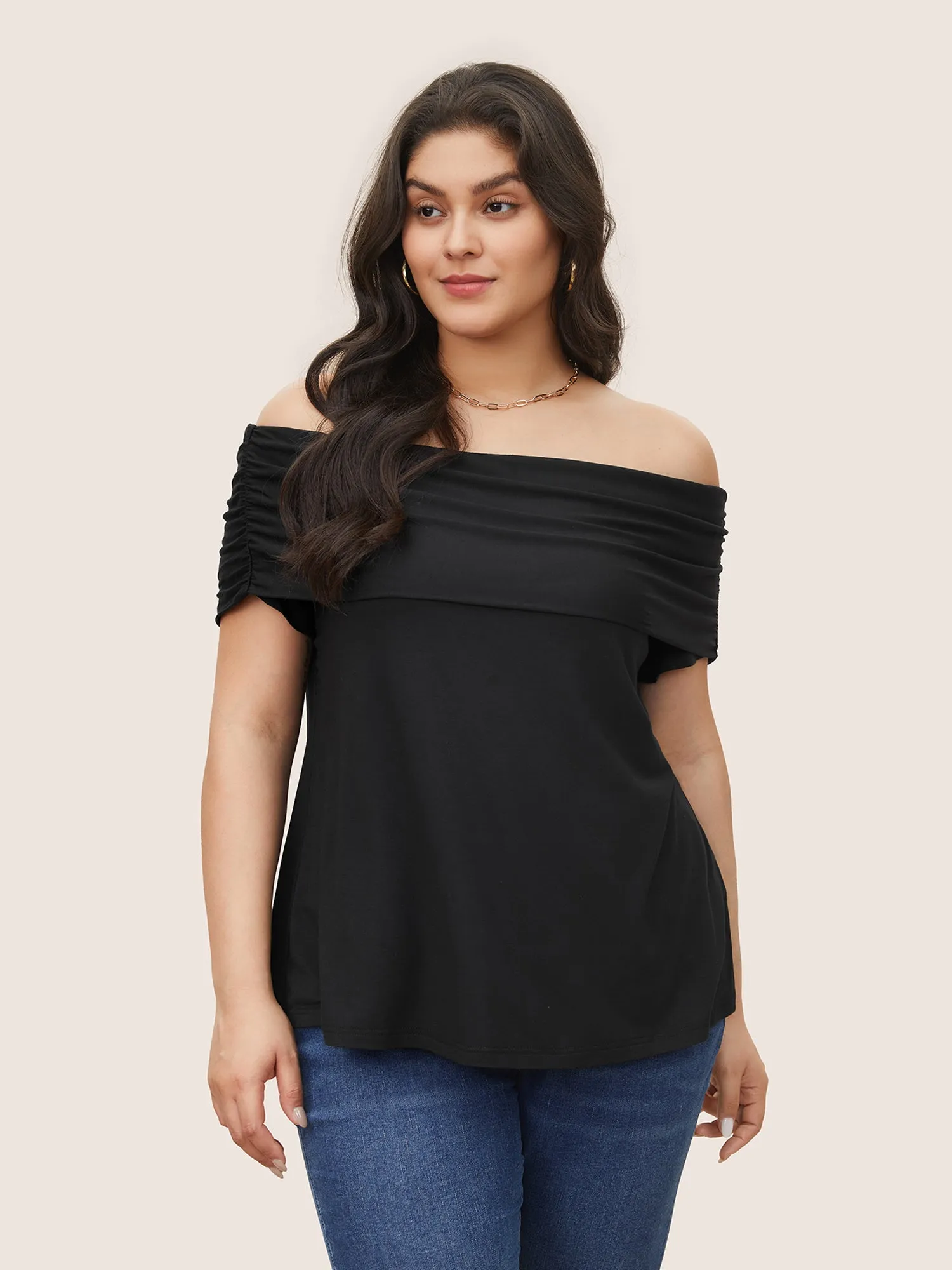 Solid Off Shoulder Gathered T-shirt sold by Bloomchic