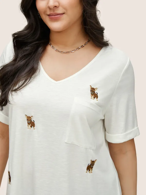 Animal Embroidered Patched Pocket Roll Sleeve T-shirt sold by Bloomchic