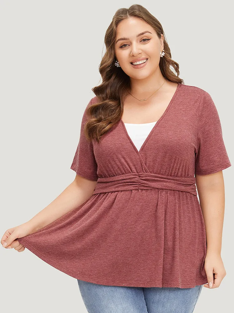 Two Tone Heather Ruched Ruffle Hem 2-In-1 T-shirt sold by Bloomchic