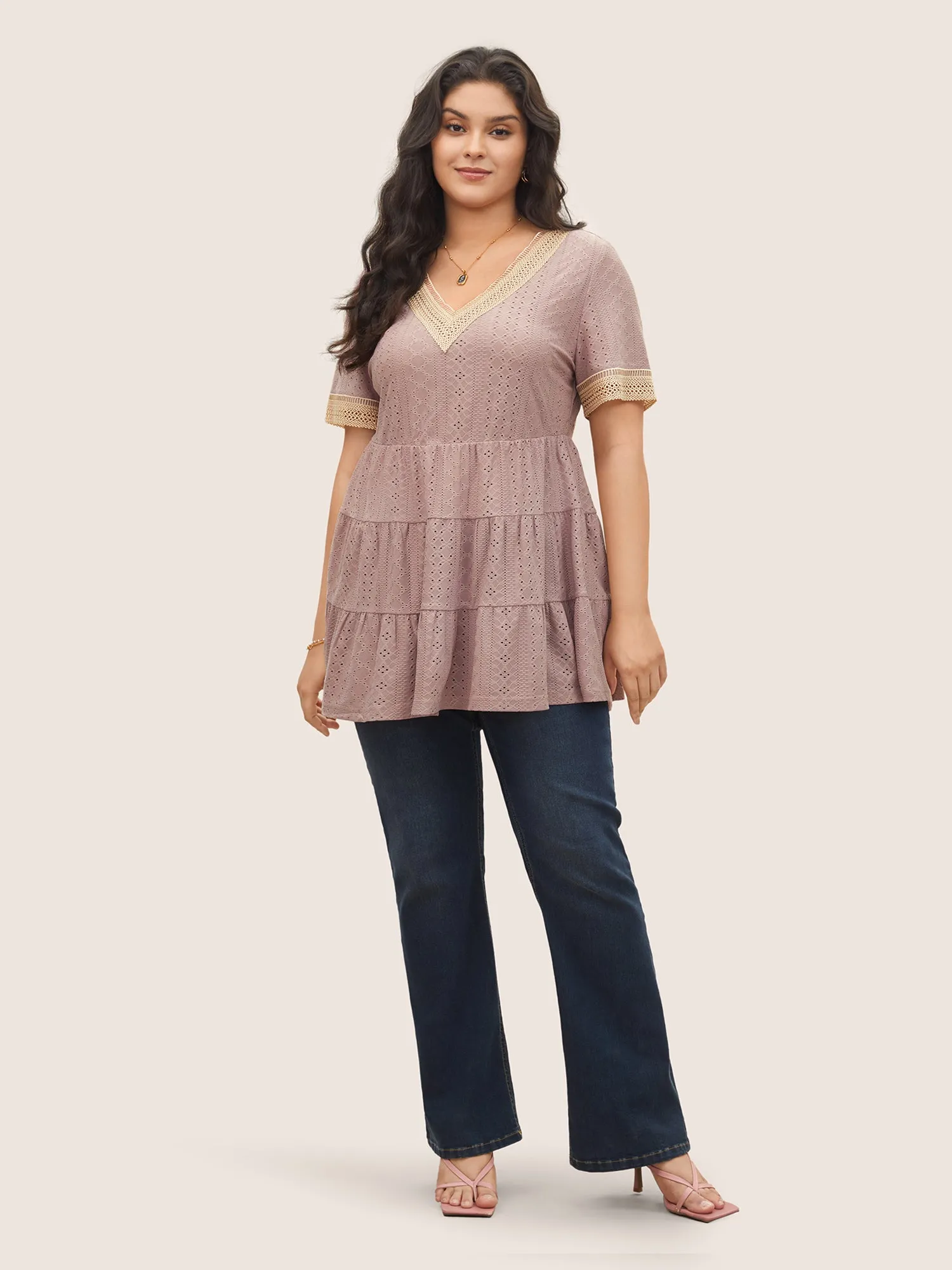 Texture Lace Patchwork Ruffle Layered Hem T-shirt sold by Bloomchic product image thumbnail 3