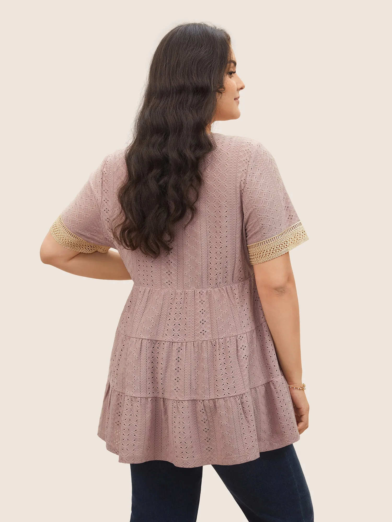 Texture Lace Patchwork Ruffle Layered Hem T-shirt sold by Bloomchic product image thumbnail 2