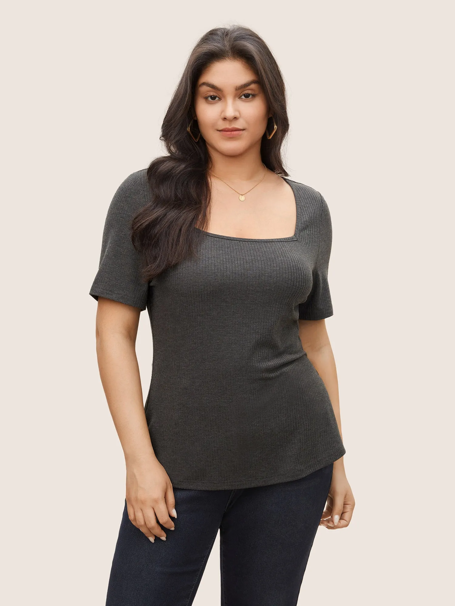 Solid Textured Square Neck Fit T-shirt sold by Bloomchic