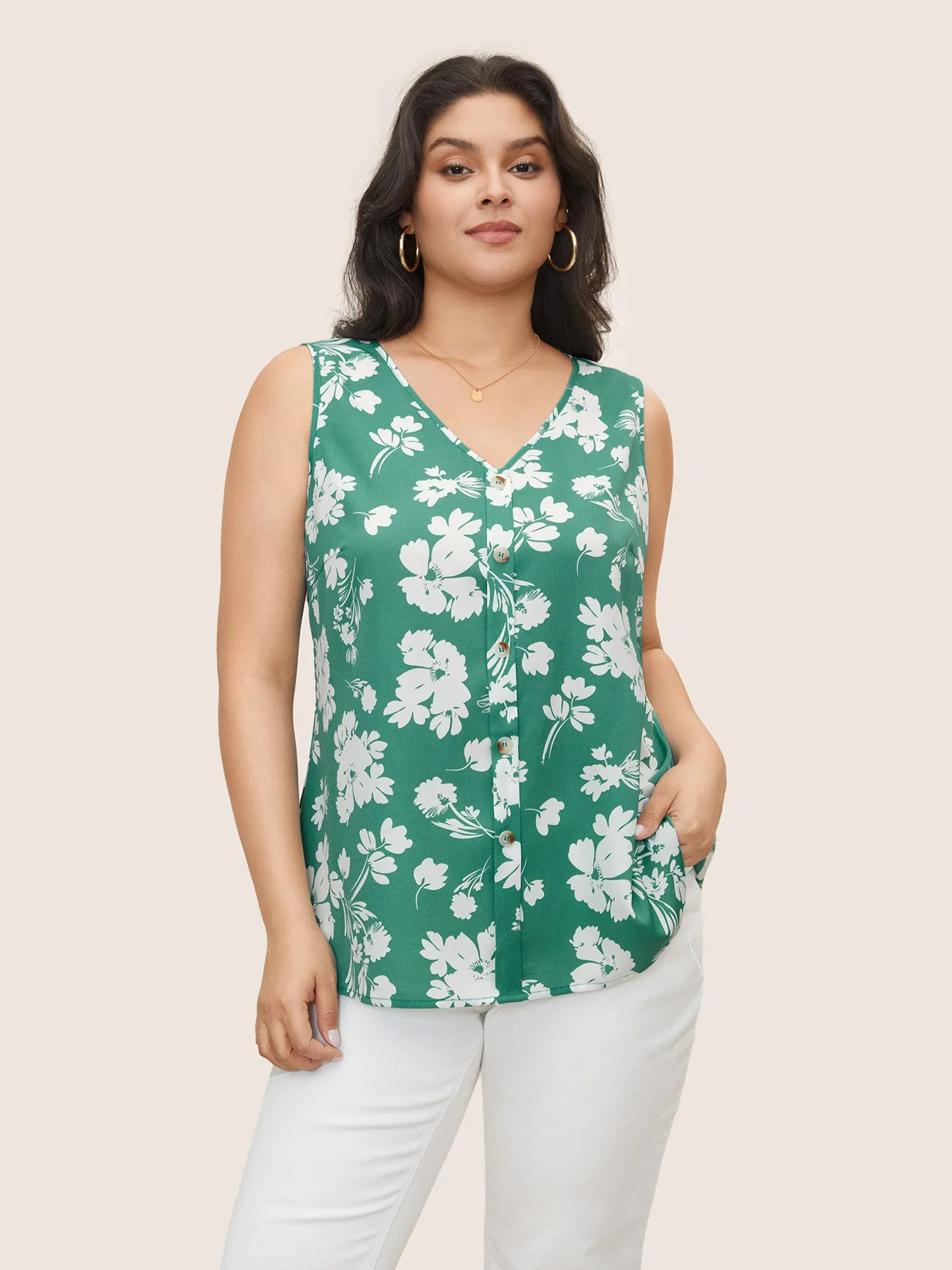 Silhouette Floral Print Button Detail Tank Top sold by Bloomchic