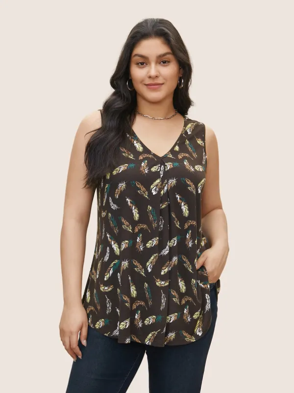Feather Print Plicated Detail Tank Top sold by Bloomchic