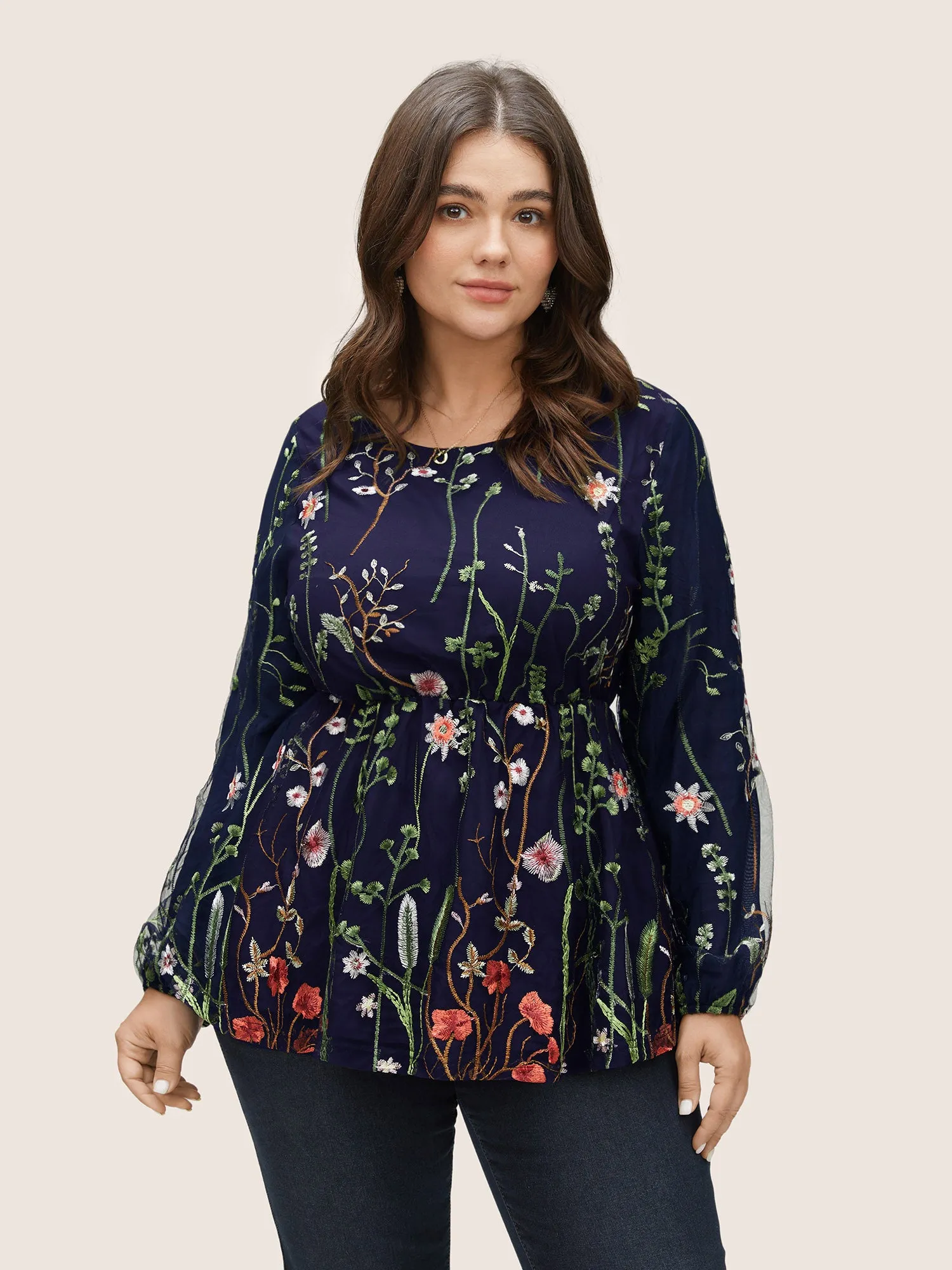 Plants Embroidered Mesh Crochet Gathered Blouse sold by Bloomchic