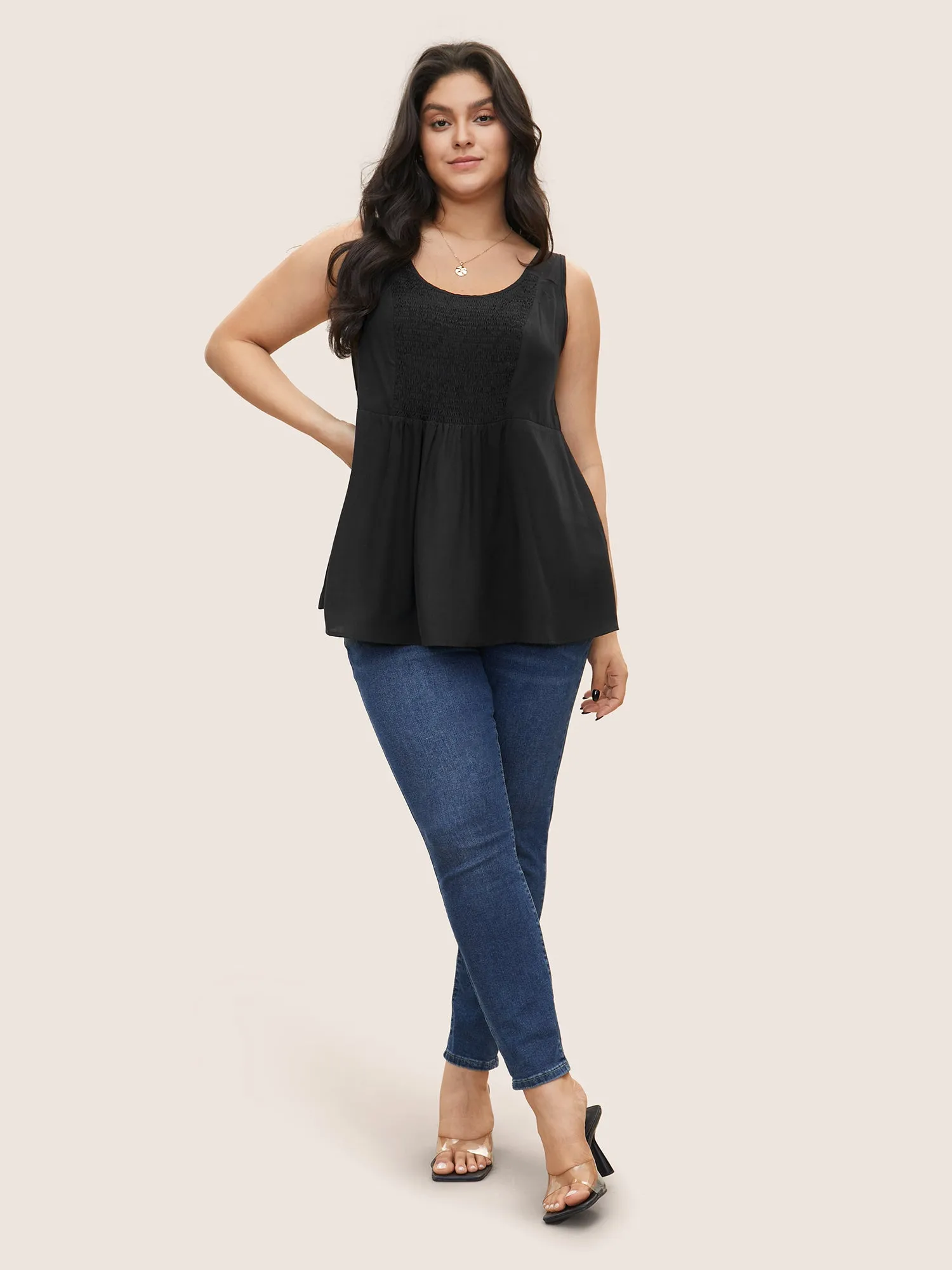 Solid Shirred Crew Neck Gathered Tank Top sold by Bloomchic product image thumbnail 3