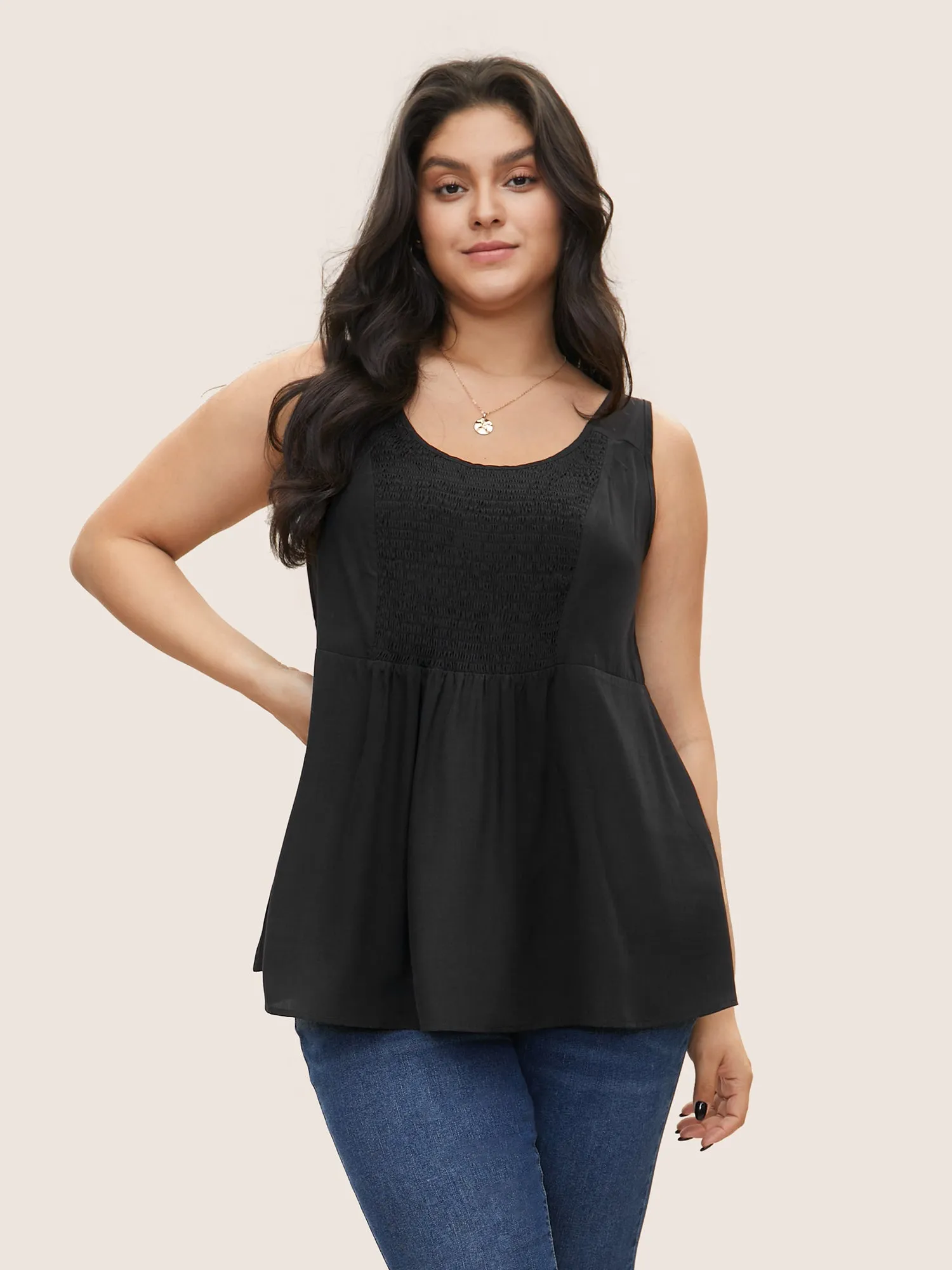 Solid Shirred Crew Neck Gathered Tank Top sold by Bloomchic