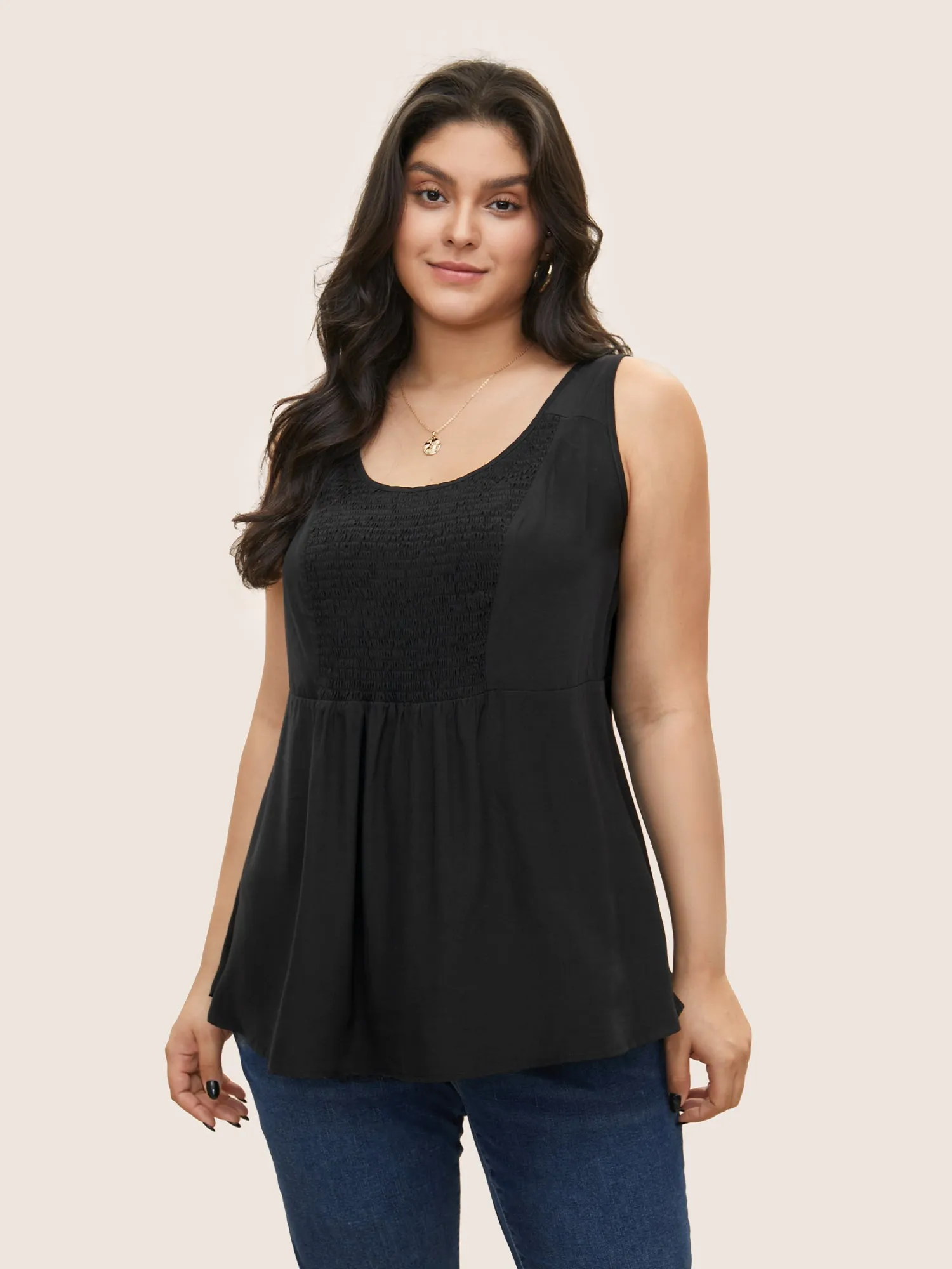 Solid Shirred Crew Neck Gathered Tank Top sold by Bloomchic product image thumbnail 2