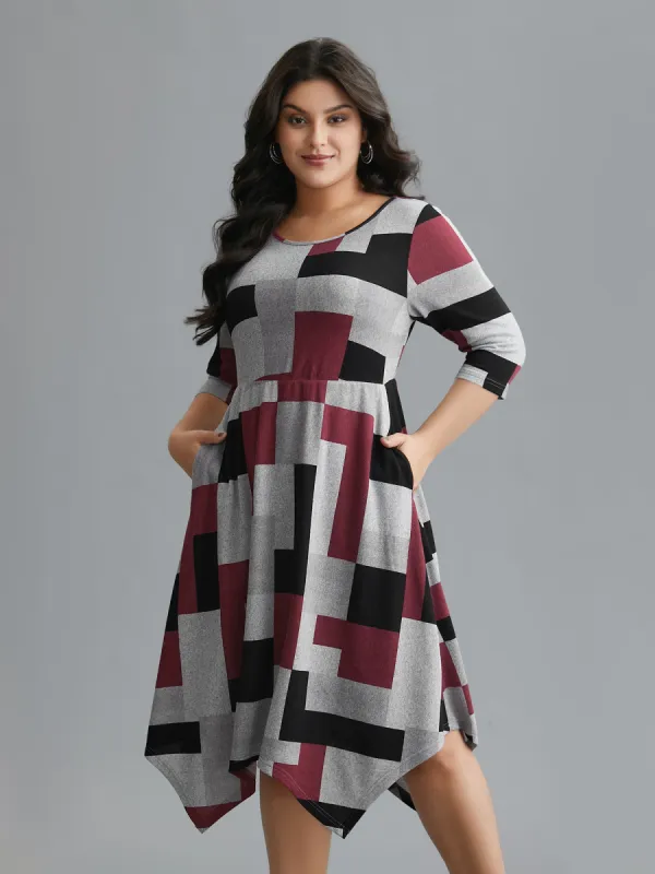 Geometric Print Asymmetrical Hem Midi Dress made by Bloomchic