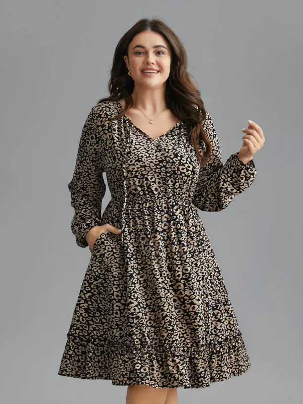 Leopard Print Tiered Hem Pockets Midi Dress sold by Bloomchic