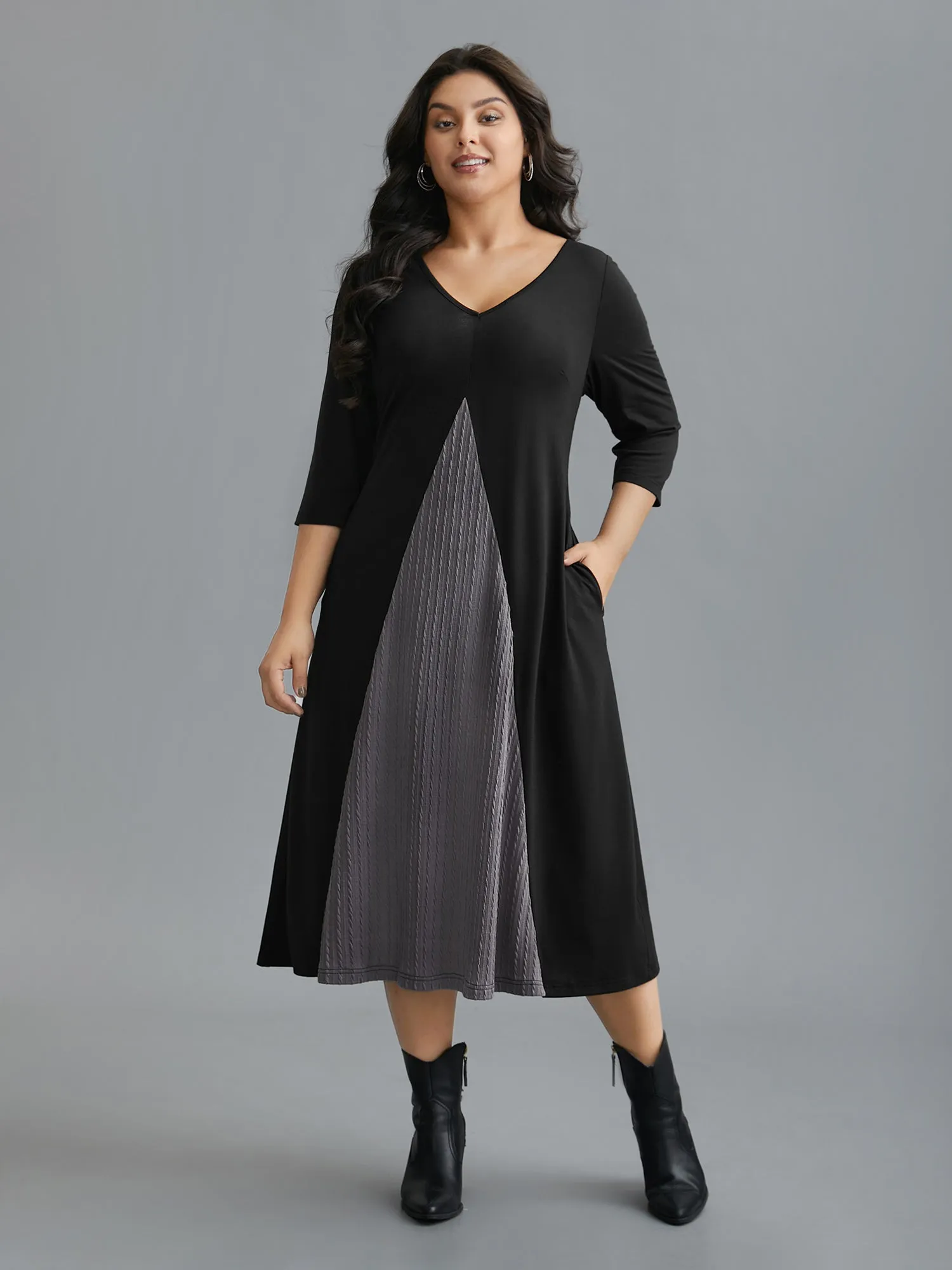 V Neck Textured Patchwork Midi Dress sold by Bloomchic product image thumbnail 3