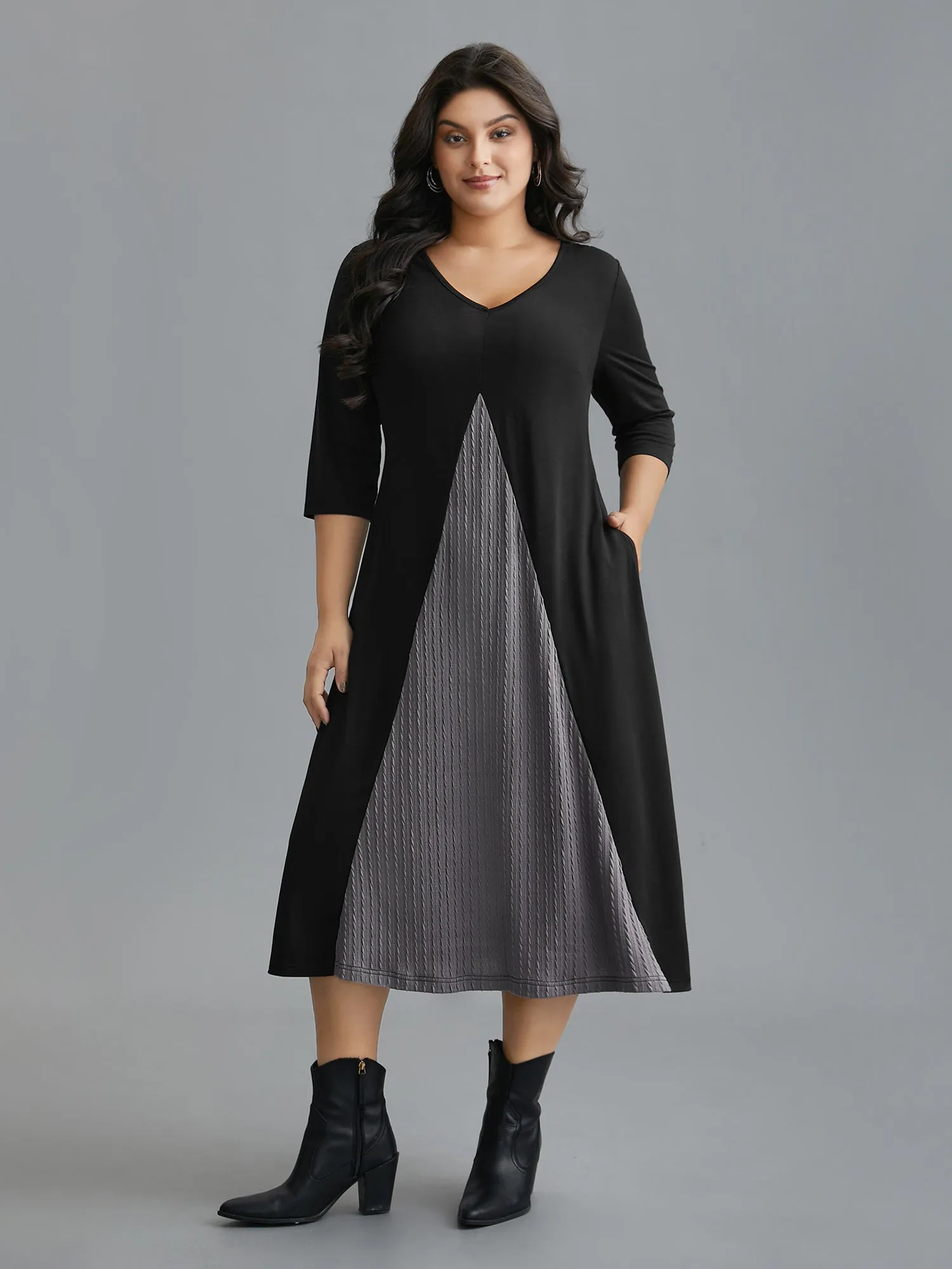 V Neck Textured Patchwork Midi Dress sold by Bloomchic