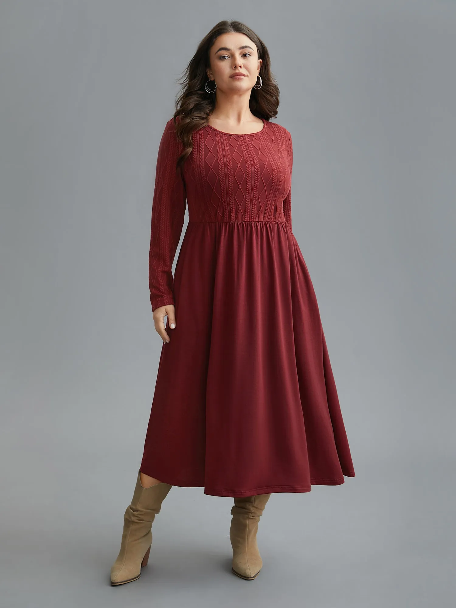 Cable Knit Round Neck Elastic Waist Midi Dress sold by Bloomchic product image thumbnail 3