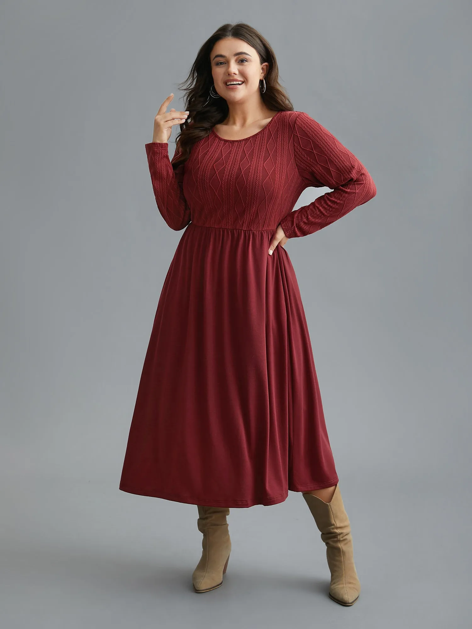 Cable Knit Round Neck Elastic Waist Midi Dress sold by Bloomchic