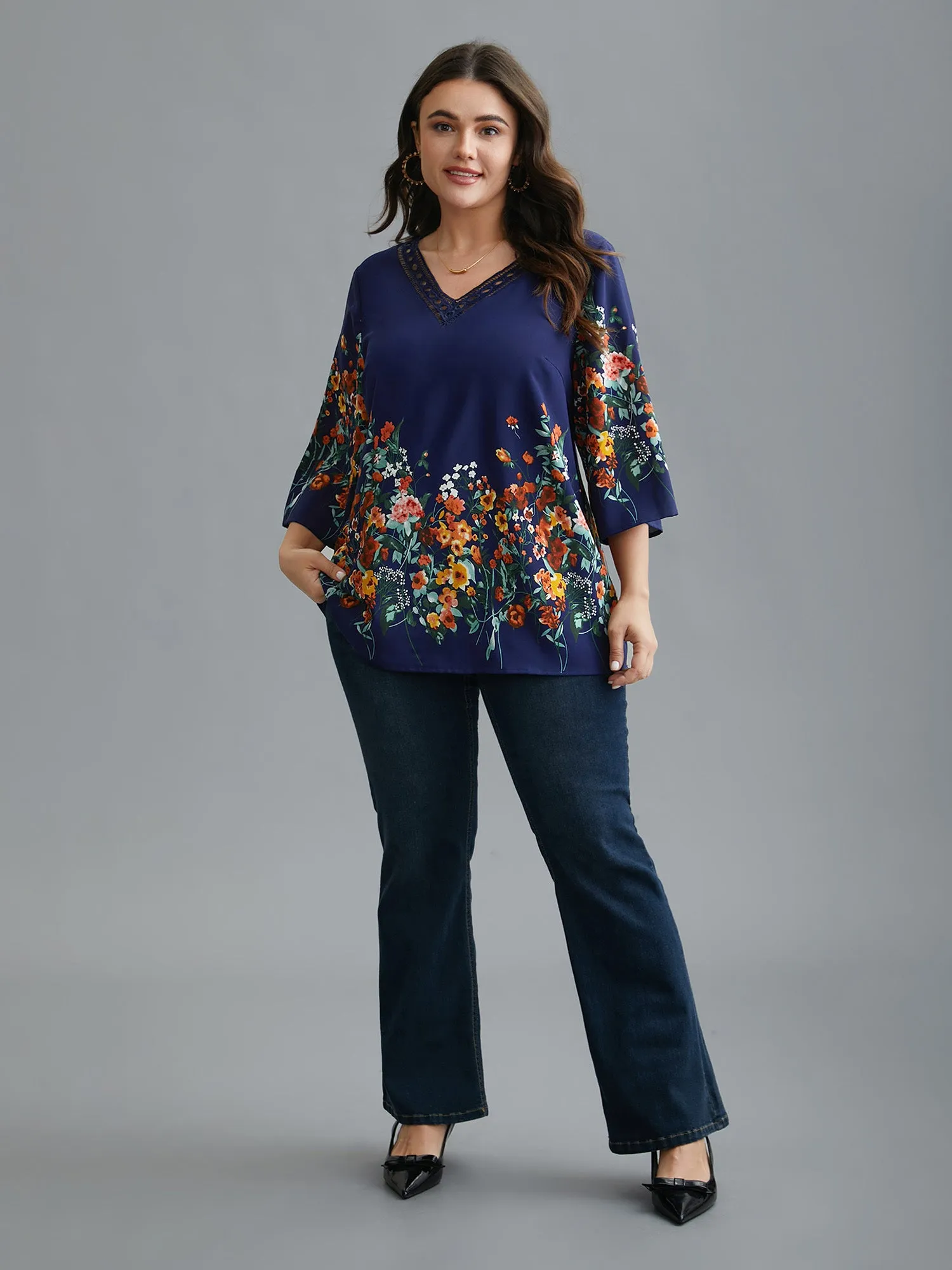 Floral V Neck Cut-Out Lace Blouse sold by Bloomchic product image thumbnail 2