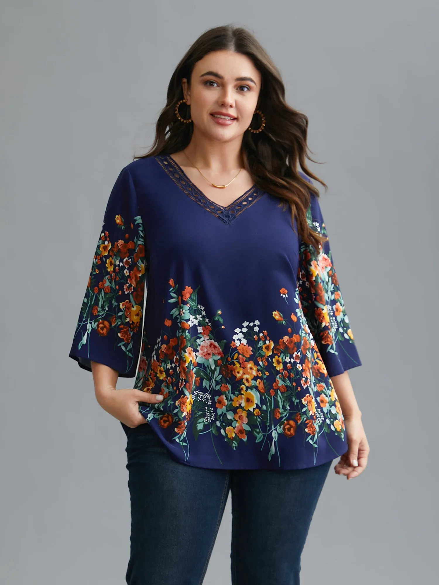 Floral V Neck Cut-Out Lace Blouse sold by Bloomchic