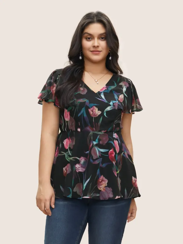 Floral Mesh Ruffle Sleeve Elastic Waist Blouse sold by Bloomchic