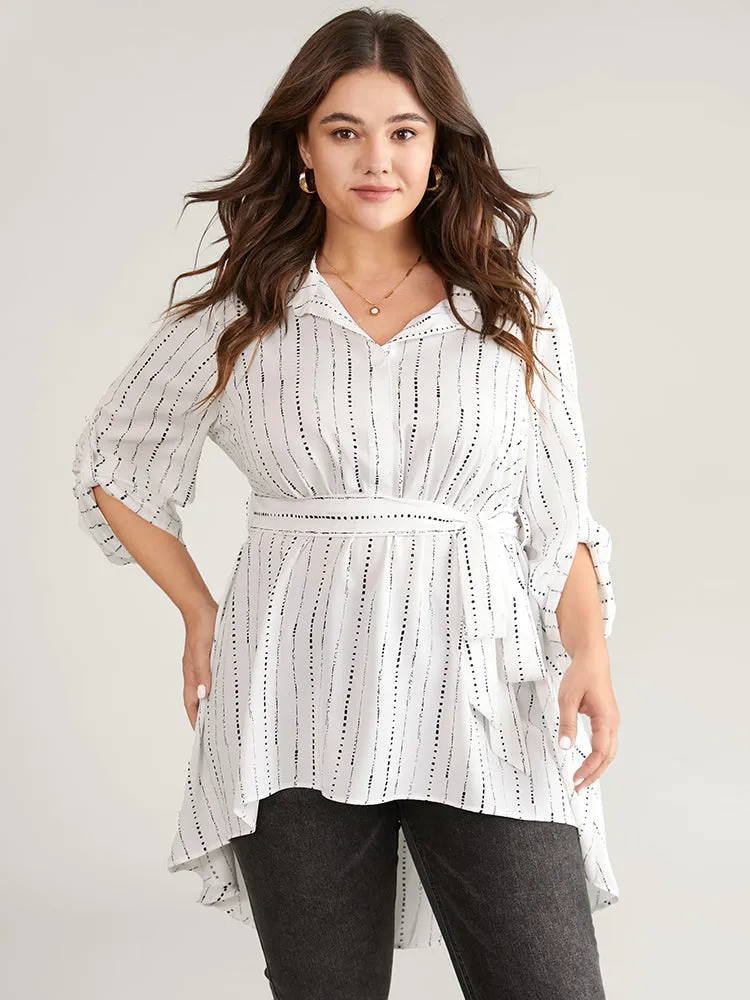 Striped Belted Shirt Collar Asymmetrical Hem Blouse sold by Bloomchic