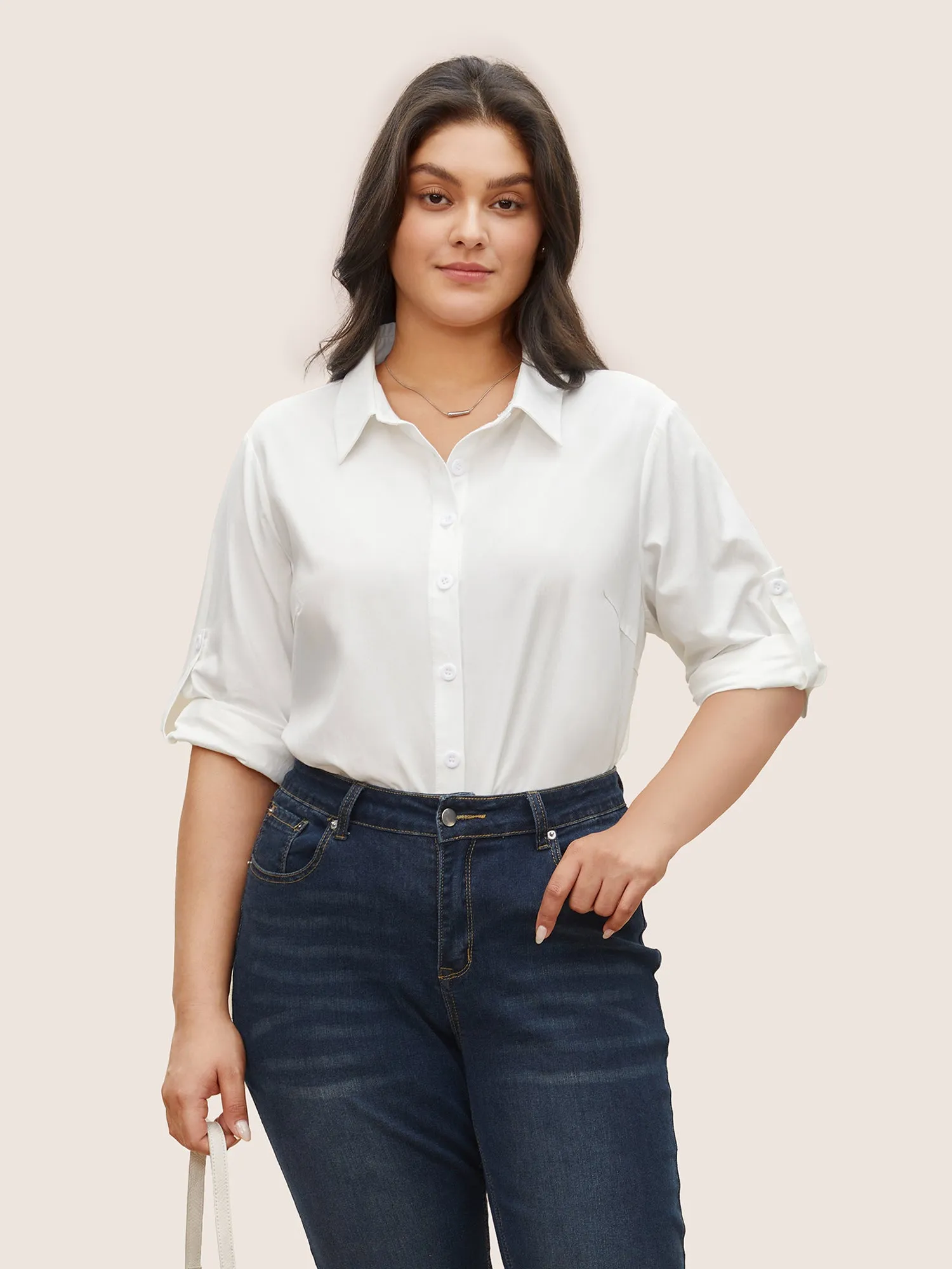 Shirt Collar Tab Sleeve Curved Hem Blouse sold by Bloomchic product image thumbnail 2