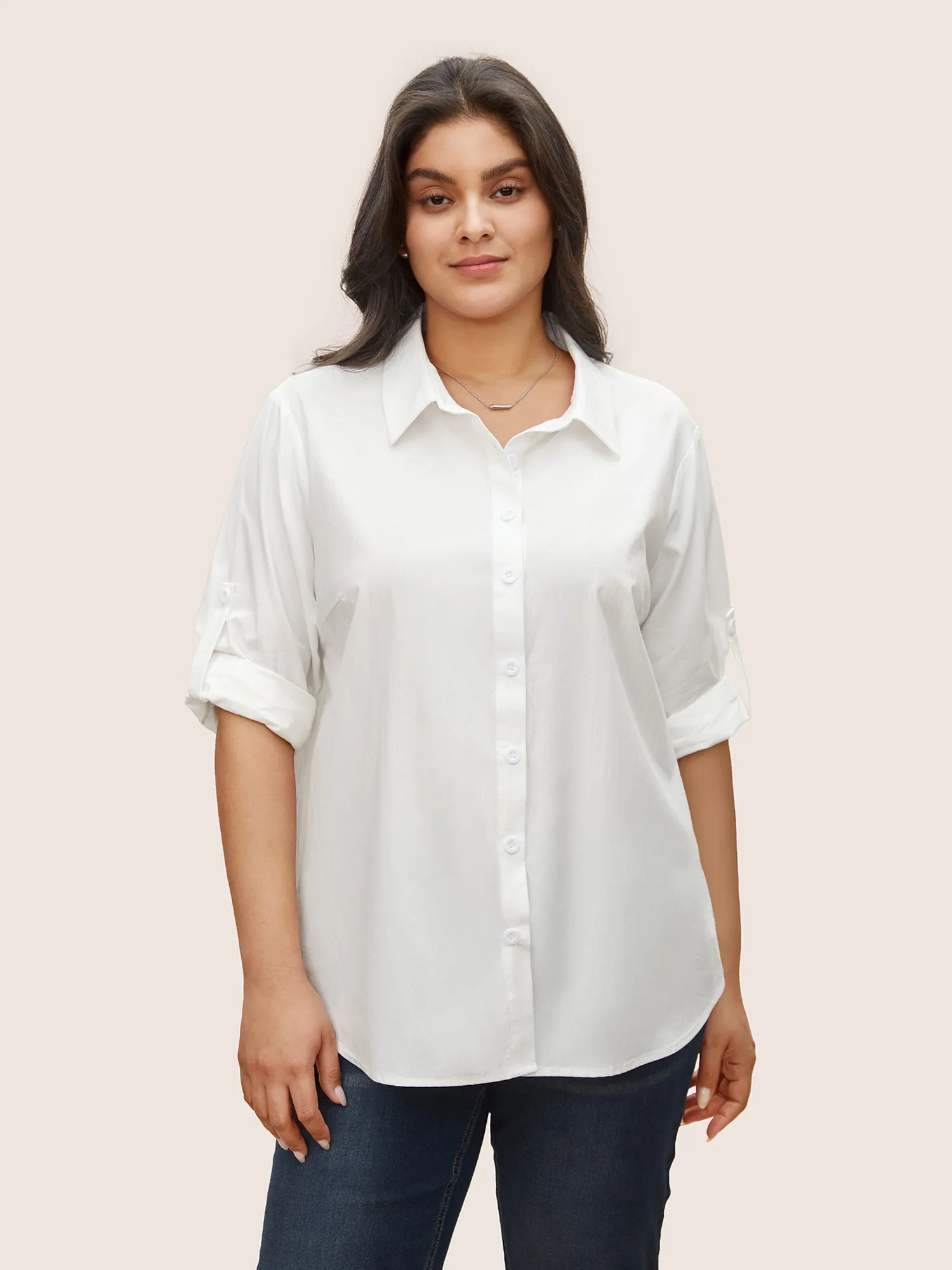 Shirt Collar Tab Sleeve Curved Hem Blouse sold by Bloomchic