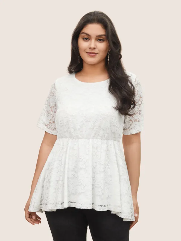 Solid Lace Panel High Low Hem Blouse sold by Bloomchic