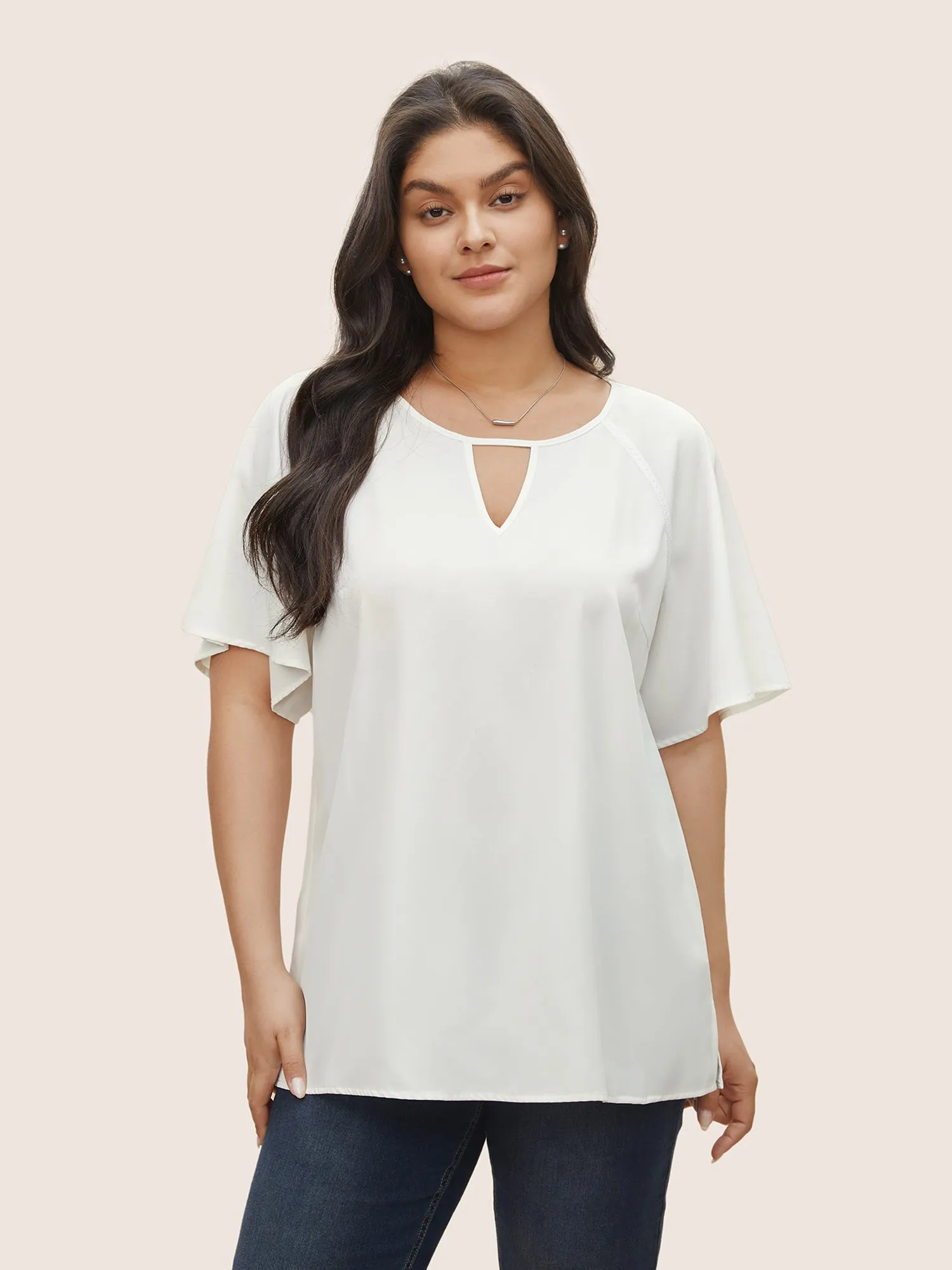 Solid Lace Panel Keyhole Ruffle Sleeve Blouse sold by Bloomchic