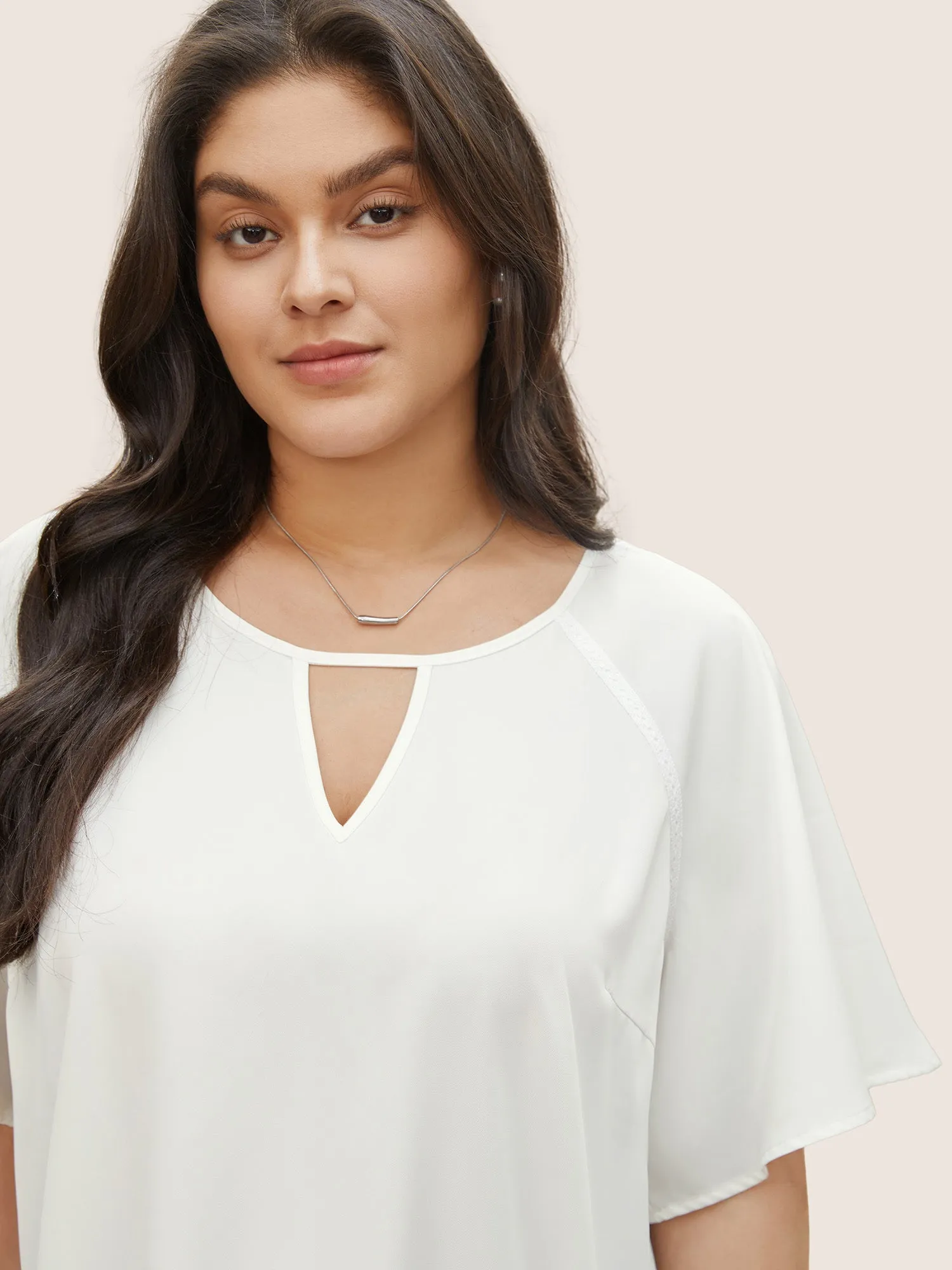 Solid Lace Panel Keyhole Ruffle Sleeve Blouse sold by Bloomchic product image thumbnail 3