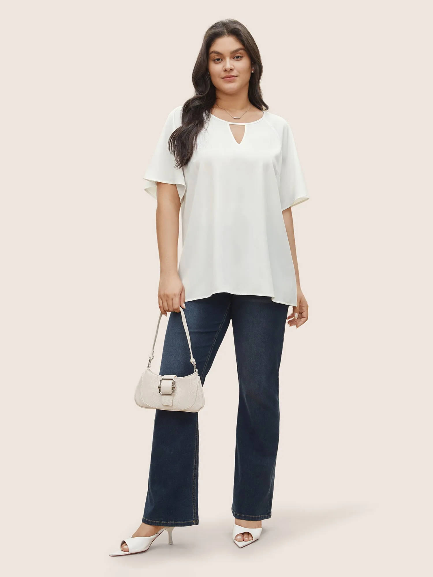 Solid Lace Panel Keyhole Ruffle Sleeve Blouse sold by Bloomchic product image thumbnail 2