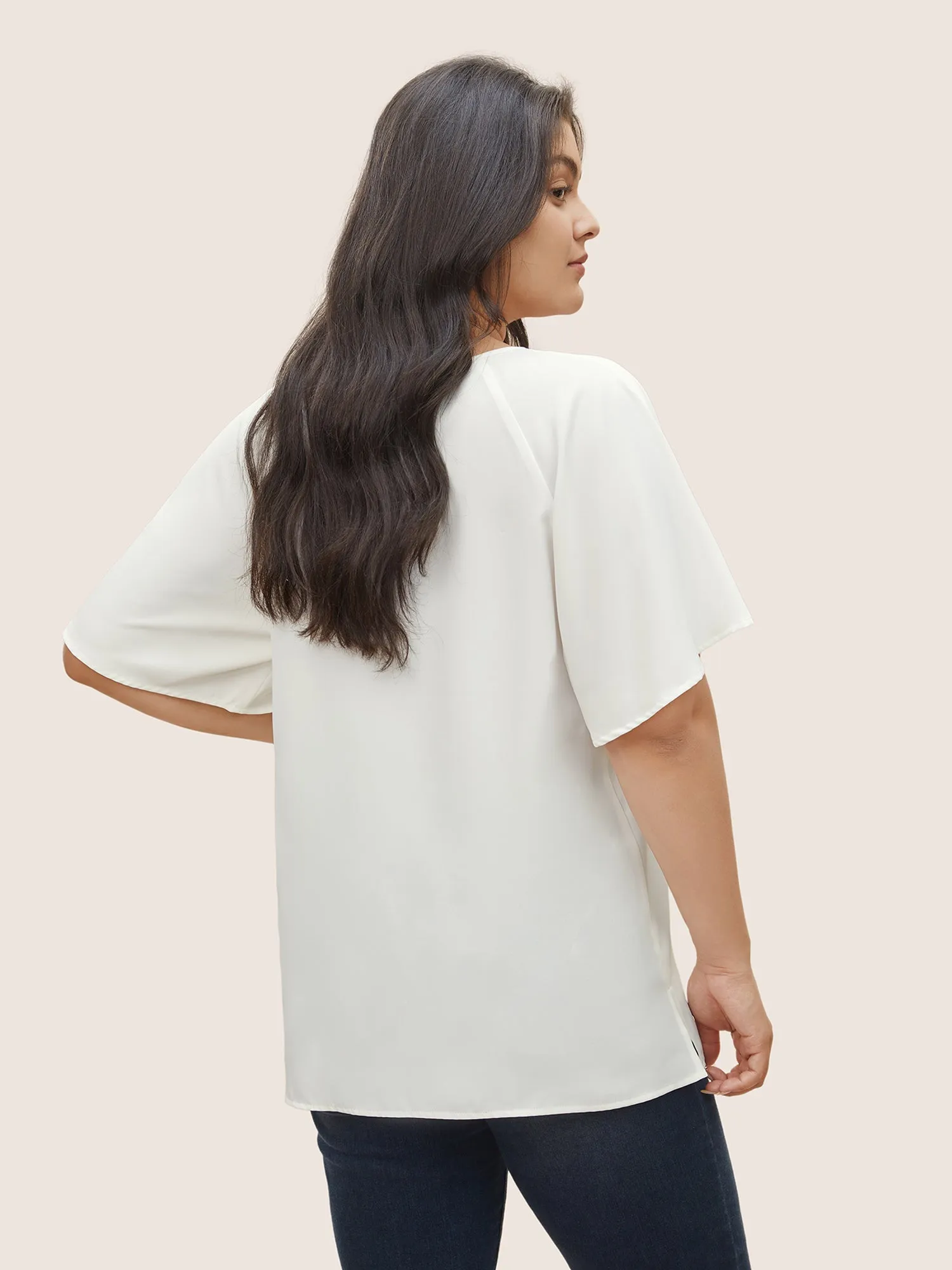 Solid Lace Panel Keyhole Ruffle Sleeve Blouse sold by Bloomchic product image thumbnail 4