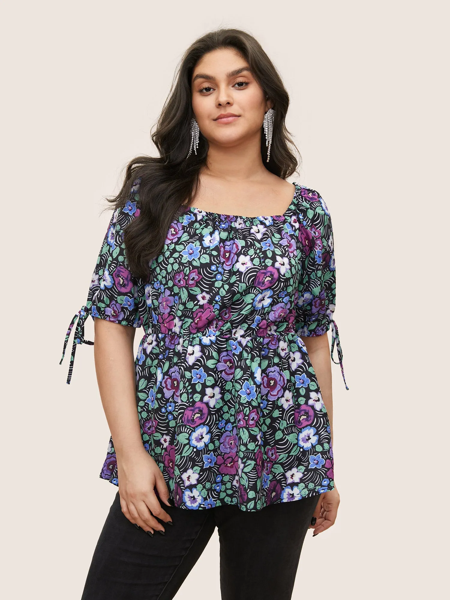 Floral Print Bowknot Side Square Neck Blouse sold by Bloomchic