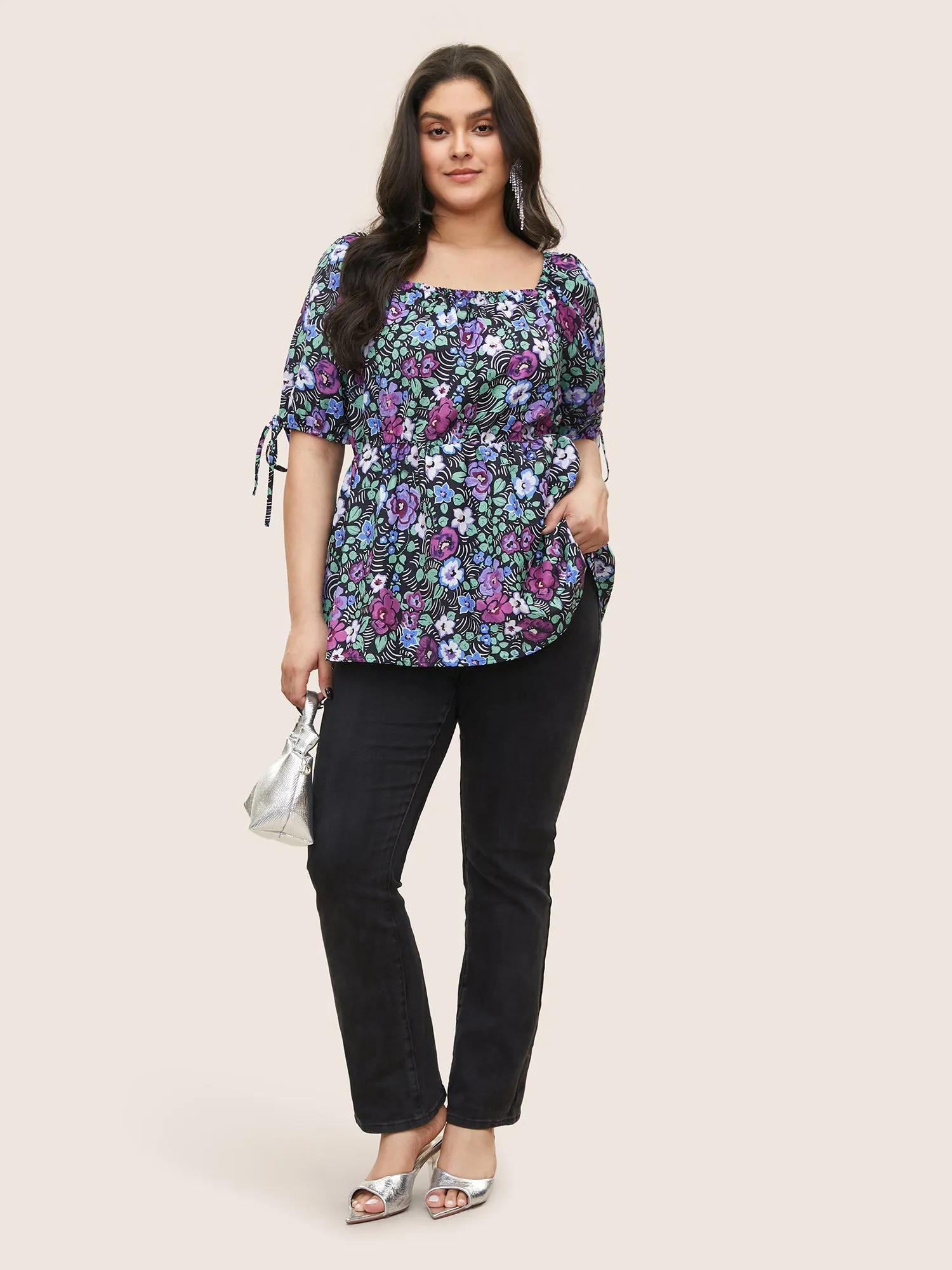 Floral Print Bowknot Side Square Neck Blouse sold by Bloomchic product image thumbnail 2